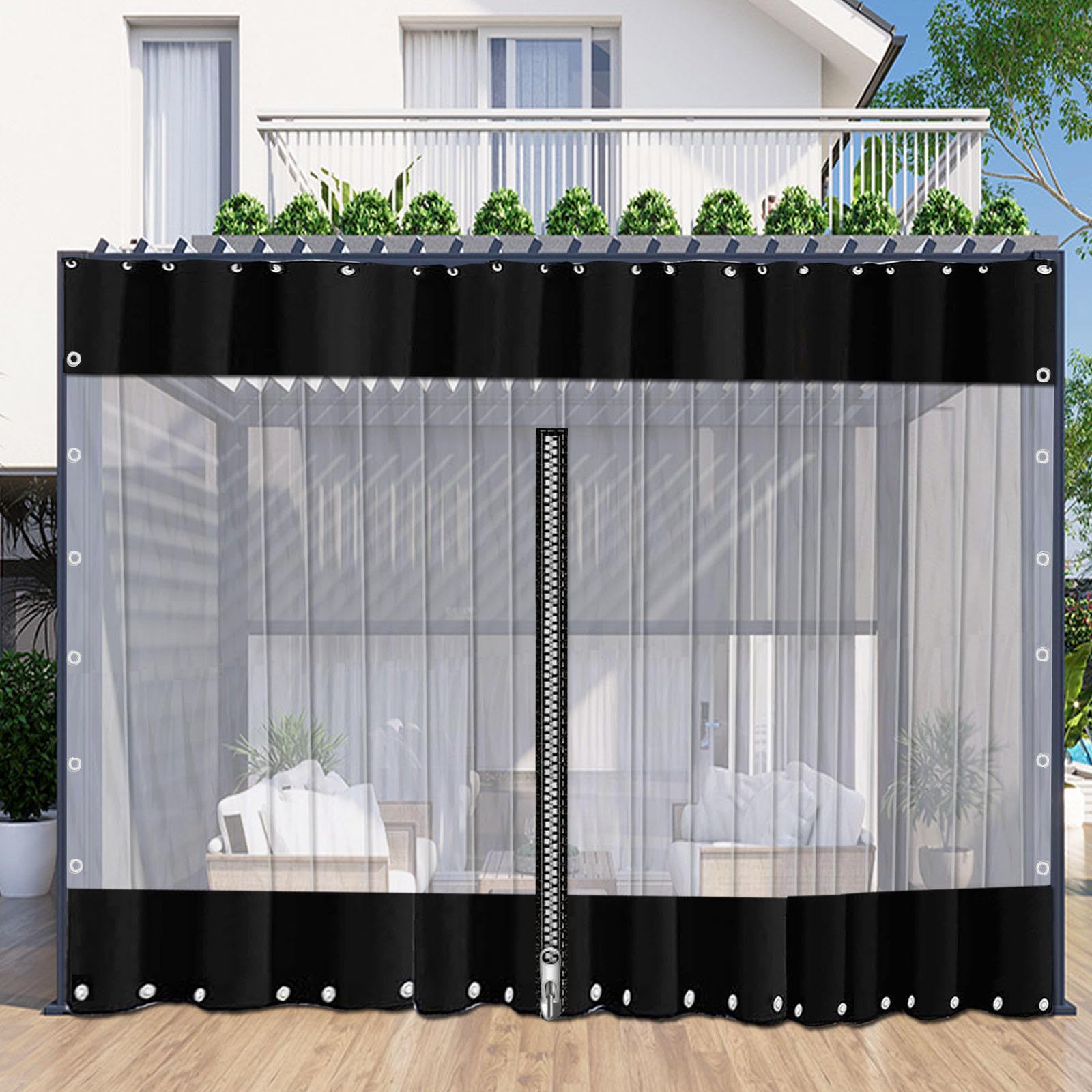 KGUDYS Outdoor Clear Tarp Curtain with Zip Door,Black Transparent Tarpaulin Side Panels,0.5mm Weatherproof Curtains,Pvc Tearproof Plastic Tarpaulin,With Eyelets,WxH-5x2.5m(16x8.2ft)