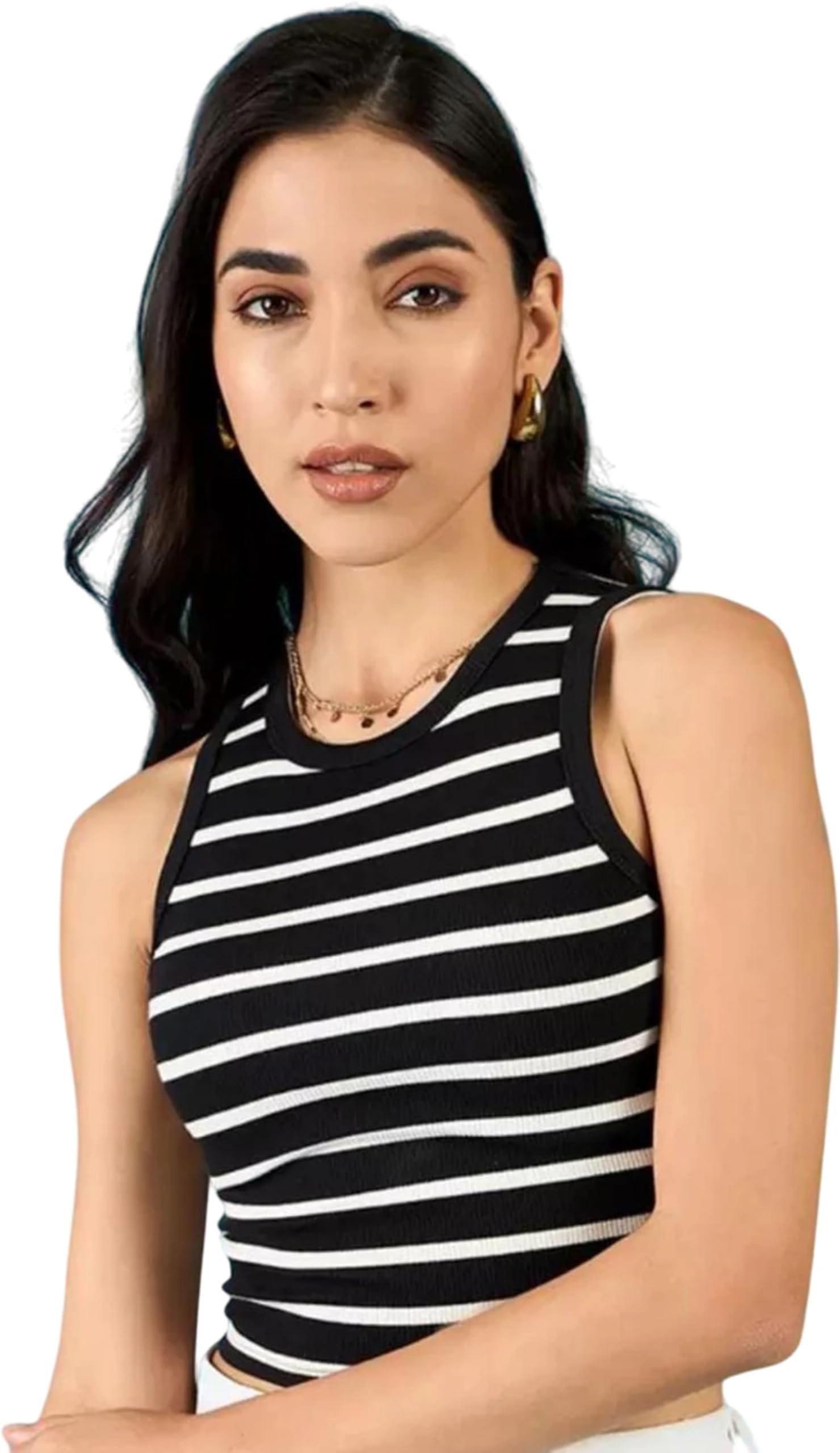 Black and White Striped Ribbed Fitted Crop top-picture-44