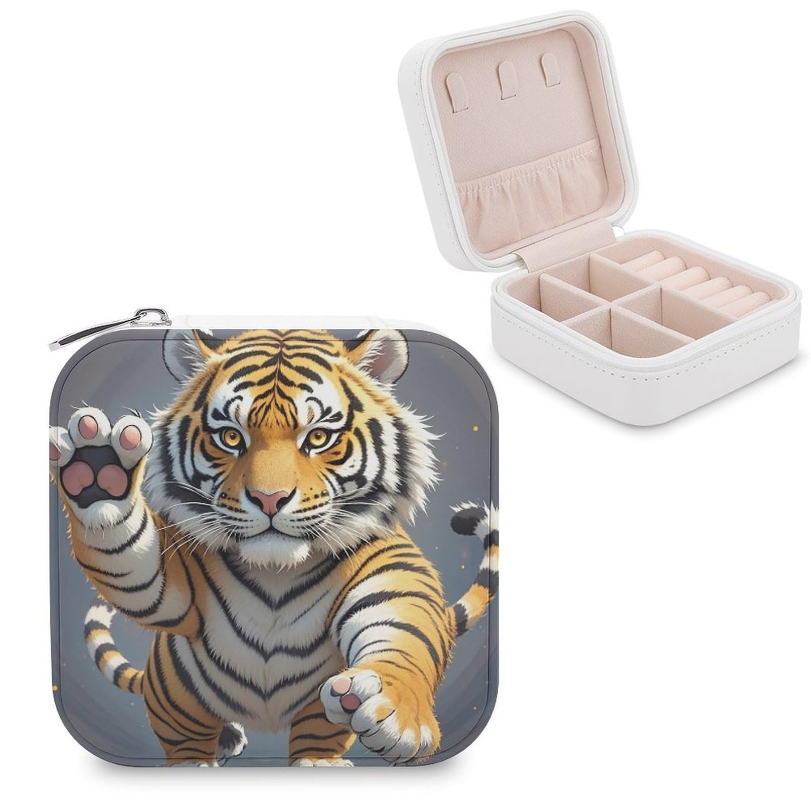 LZQPOEAS Tiger Head with Raised Paws Jewelry Box Mini Jewelry Travel Case Trendy Stuff Ring Box Custom PU Leather Jewelry Boxes Portable Jewelry Case Earring Storage Organizer for Girls Women