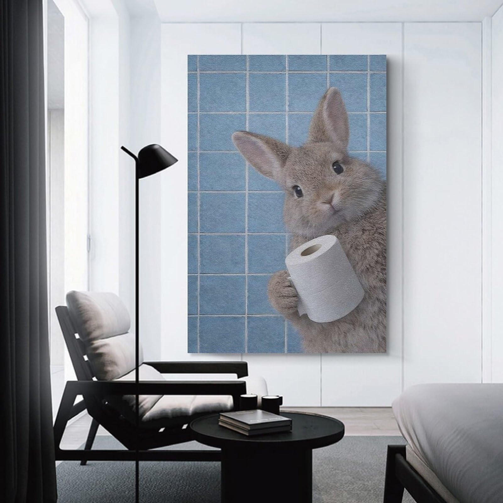 Junmoney Unframe-Style-16 Rabbit Holding Toilet Paper Canvas Wall Art, 16X24inch(40X60cm), For Workspace Walls, Study Corners Or Bedrooms, An Interior Accent For Desk Areas