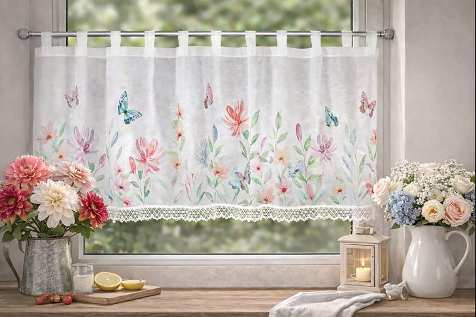 KAMACA Tenda da bistrò con passanti, tenda corta da cucina, trasparente, con passanti in voile, pizzo (altezza x larghezza 60 x 140 cm, Theresia)