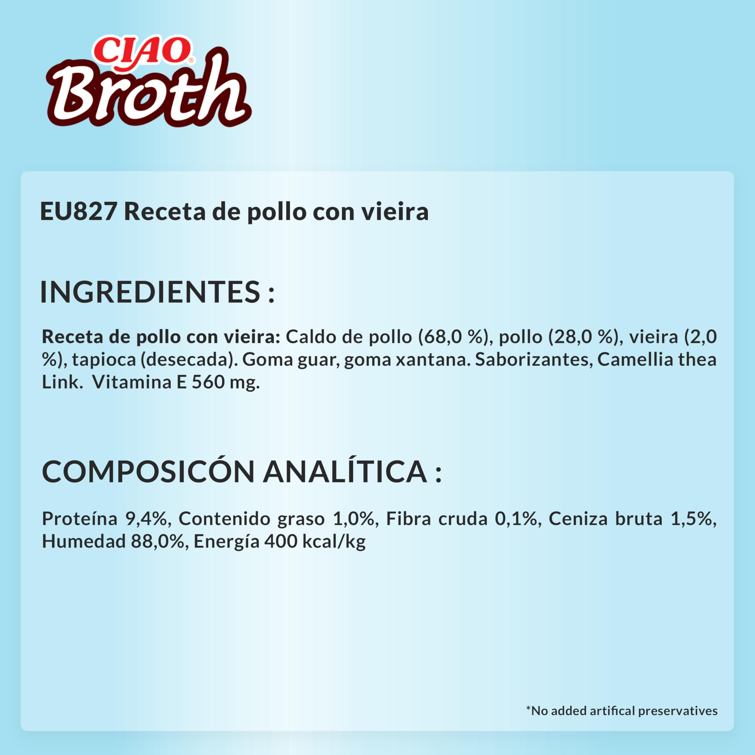 INABA Ciao Broth Gatos - Caldo Receta Pollo y Vieira - Premios Saludables con Proteínas Animales - Snacks Sin Cereales, Sin Conservantes, Sin Colorantes - Sólo 16Cal - 40g