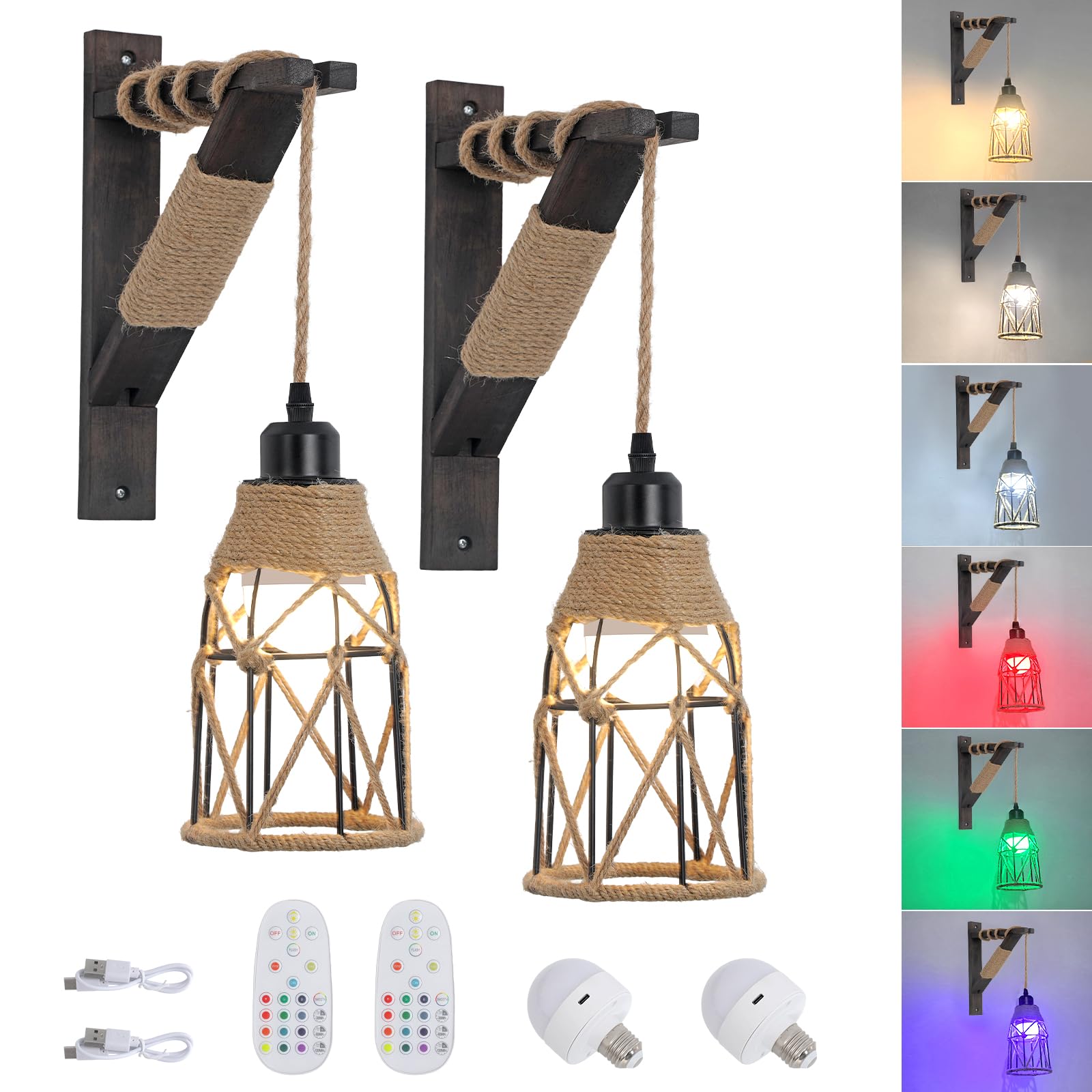 SEEBLEN Battery Operated Wall Sconce Set of Two, 12 RGB Colors Wireless Rechargeable Wall Light with Remote Control, Dimmable Farmhouse Wood Wall Lamp for Bedroom Living Room.