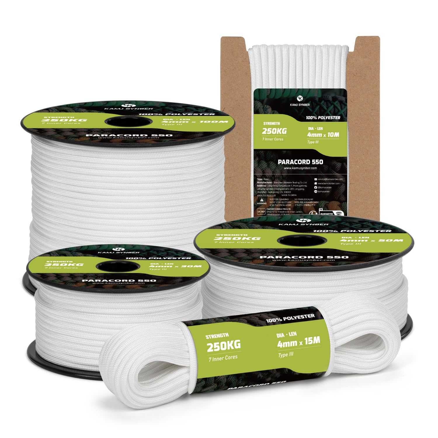 Kamu Synber Paracord 550 Type III 4mm 50m 7 Strands 100% Polyester Rope Parachute Cord Ideal for Crafting, Outdoor, Survival | Support 250kg | White