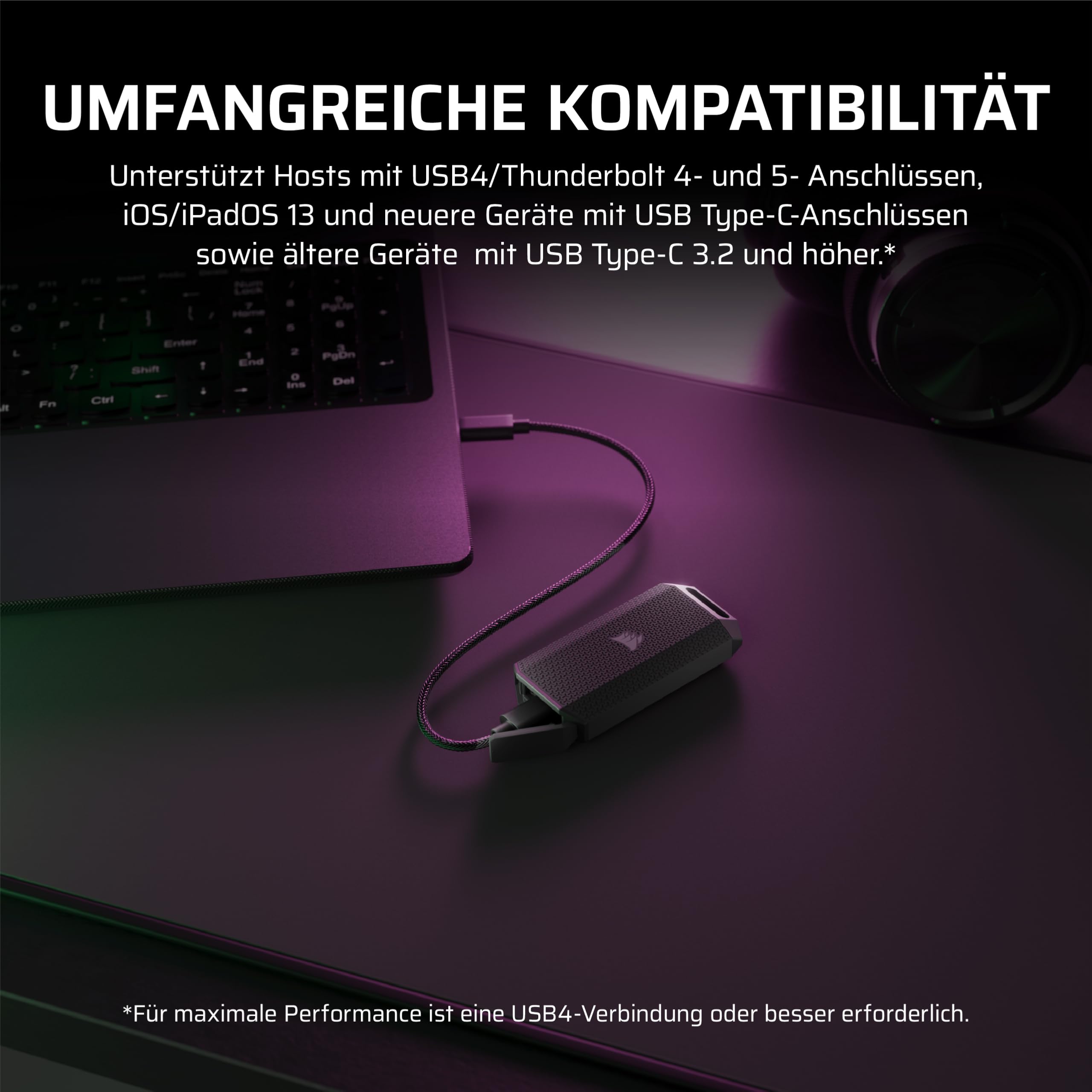 Corsair EX400U Survivor 4TB USB4 Externe SSD – Bis zu 4.000 MB/s, IP55-Schutztyp, Plug & Play für PC, Mac und iPad – Schwarz