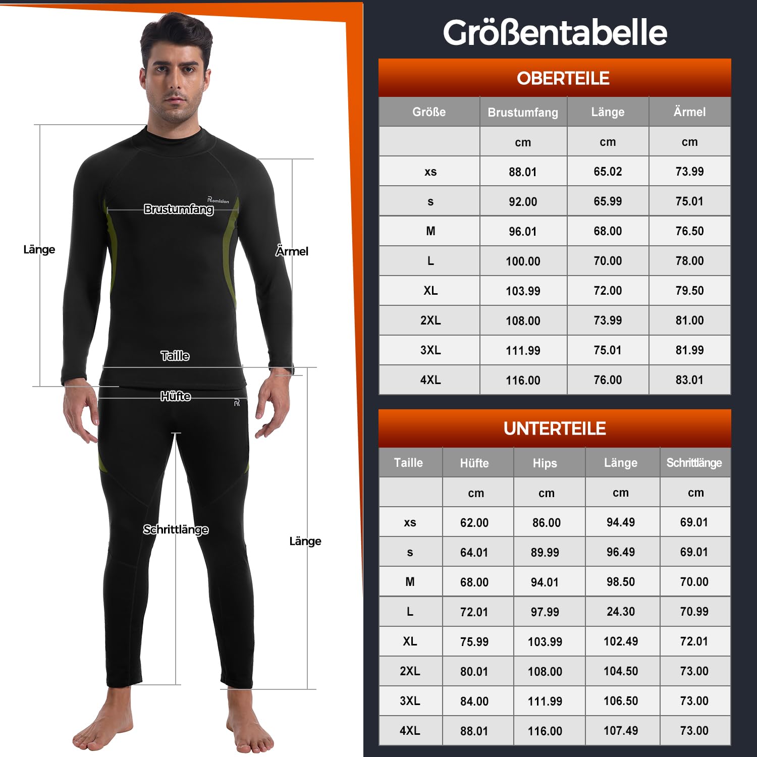 romision Thermounterwäsche Herren Funktionsunterwäsche Skiunterwäsche Atmungsaktiv Thermoaktiv Innenfleece Weich Thermo Unterwäsche 1/2er Set