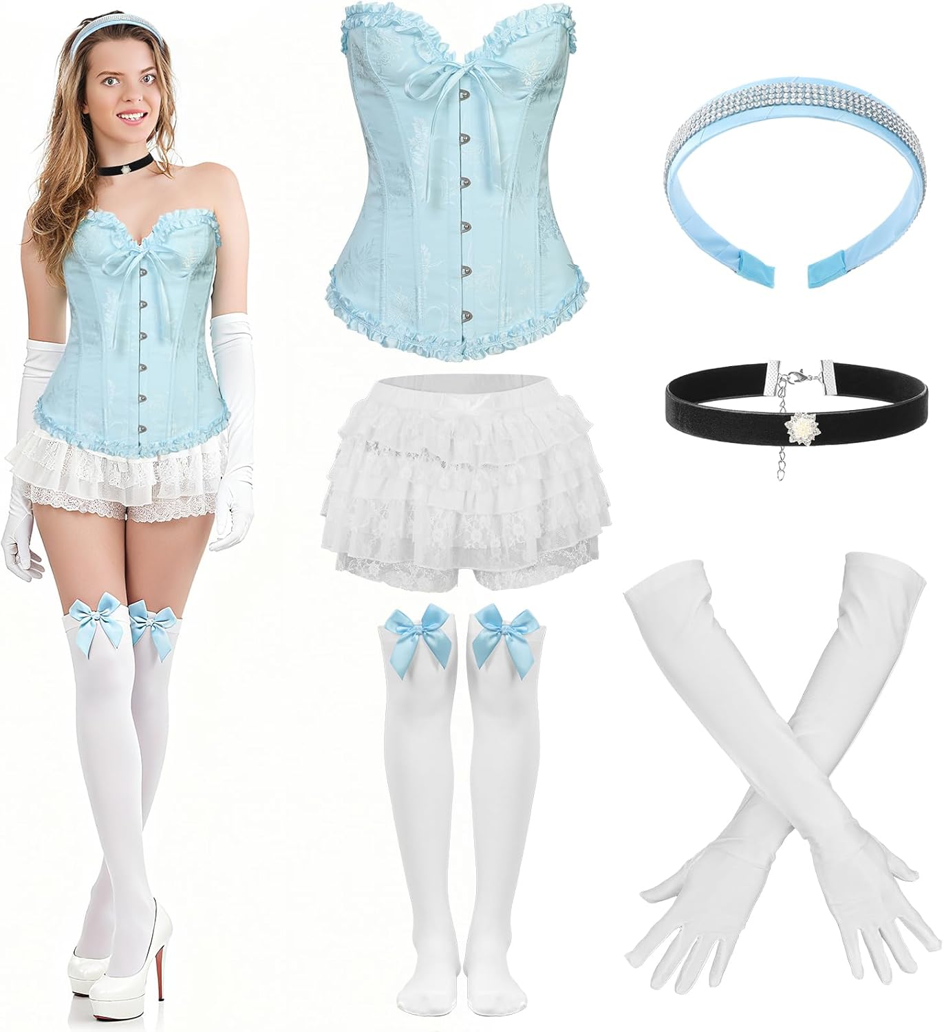Foaincore 6 Pcs Blue Princess Costume Set for Women Corset Top Lace Pumpkin Pants Socks Headband Collar Gloves