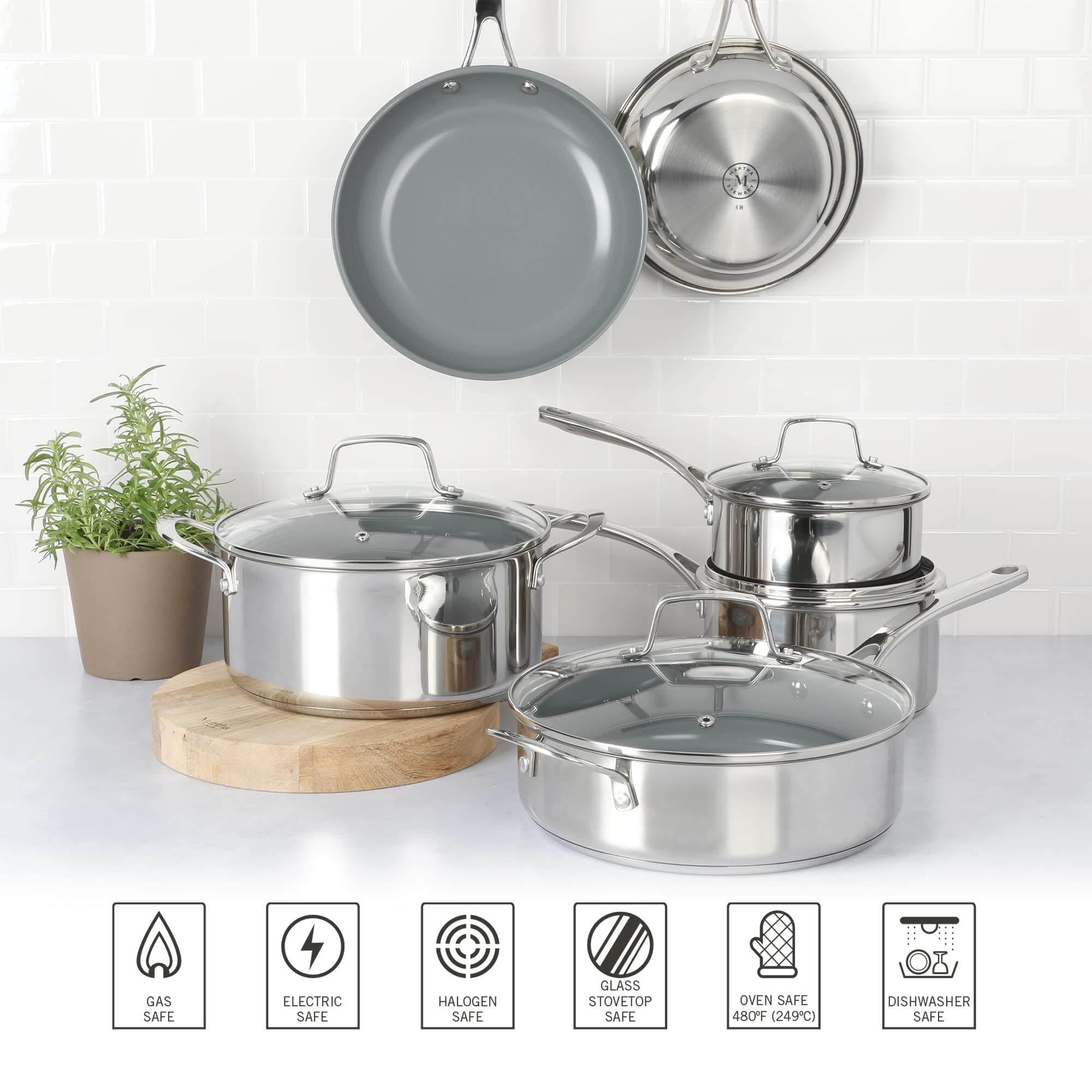 thumbnail image 2 of Martha Stewart Delaroux 10-Piece Stainless Steel Ceramic Nonstick Pots 2 of 14