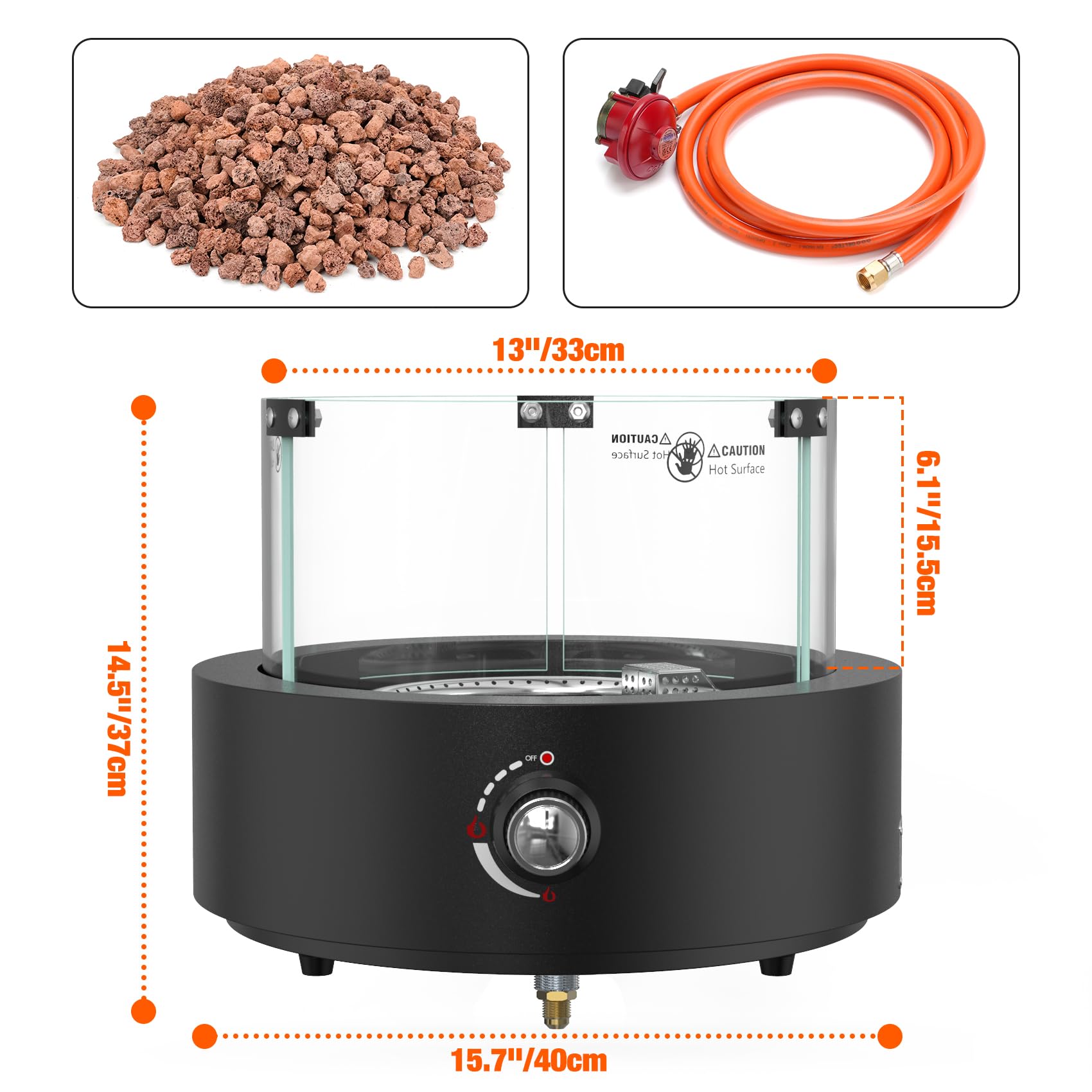 Onlyfire Braciere a gas da tavolo, riscaldatore per patio esterno con ingresso d'aria inferiore, rocce laviche e protezione antivento in vetro, braciere a propano per patio, cortile, ristorante