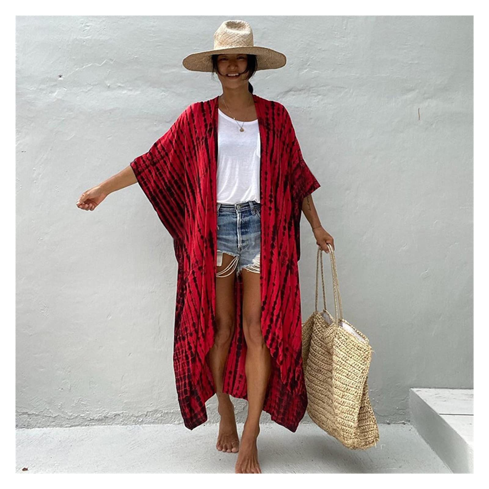 Copricostume da Spiaggia for Costumi da Bagno Donna Kimono Nero Tie-Dye Costume da Bagno Mantello Abito Estivo Abiti da Spiaggia (Color : Red Kimono Beach, Size : One Size)