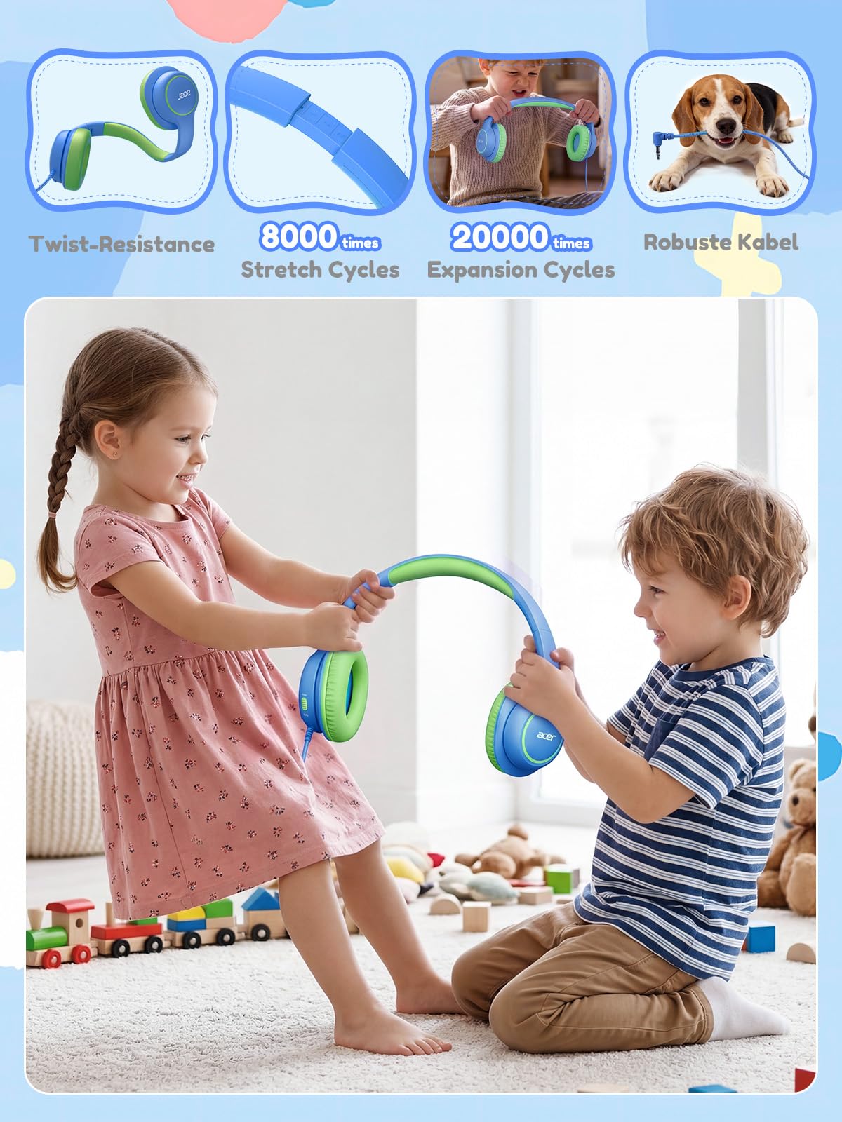 Acer Cuffie per bambini cablate per la scuola, design over-ear, limite di volume sicuro 85/94 dB, jack da 3,5 mm, pieghevoli, per bambini, ragazzi, ragazze, aule, lettori Yoto, Chromebook da viaggio