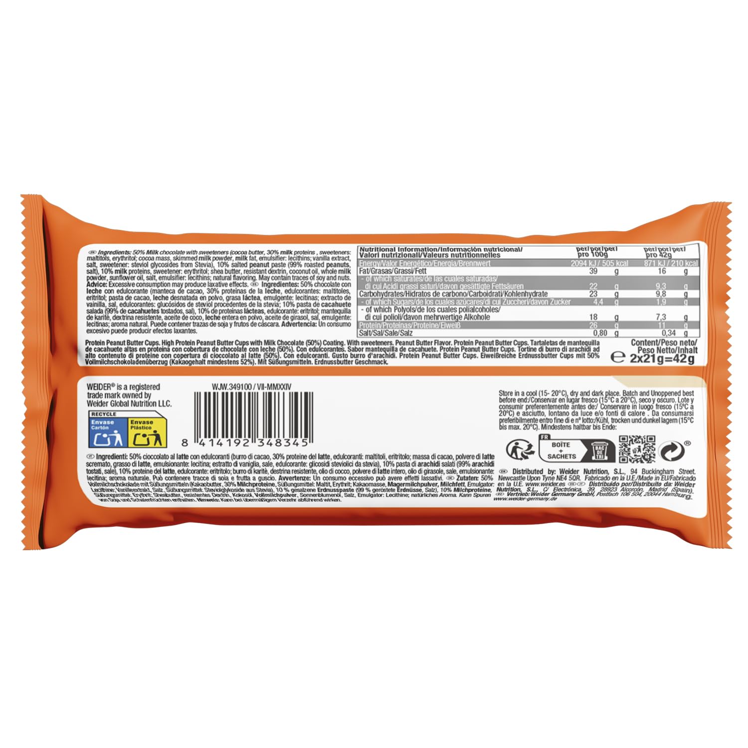 Weider Protein Cups Peanut Butter (20x42g) Tartaletas con alto de contenido de proteínas y Bajo en Azúcar, con cobertura de Chocolate, Sin gluten (20 sobres de 2 tartaletas)