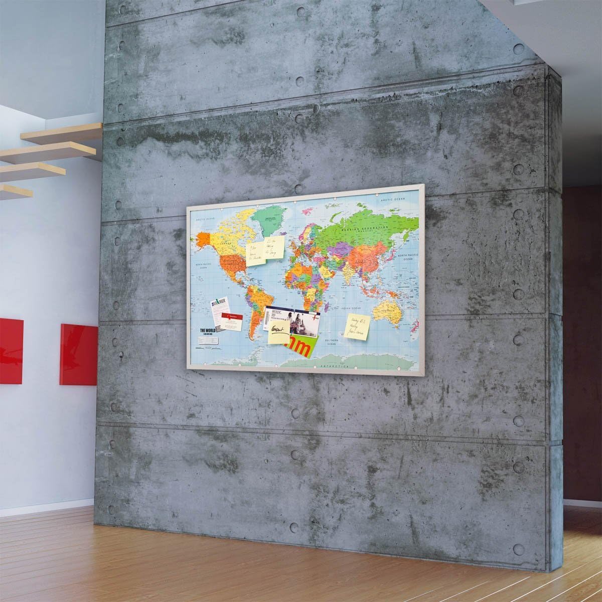 Tablero de anuncios de corcho mapa mundial 90x60 cm con marco y 20 banderas marcadoras Memoboard XXL