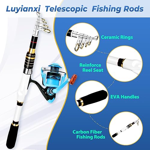 Miniatura 7 de Combo de caña de pescar telescópica y carrete, paquete de 2 varillas de viaje de fibra de carbono de 5.9 pies y 6.89 pies, 2 carretes giratorios