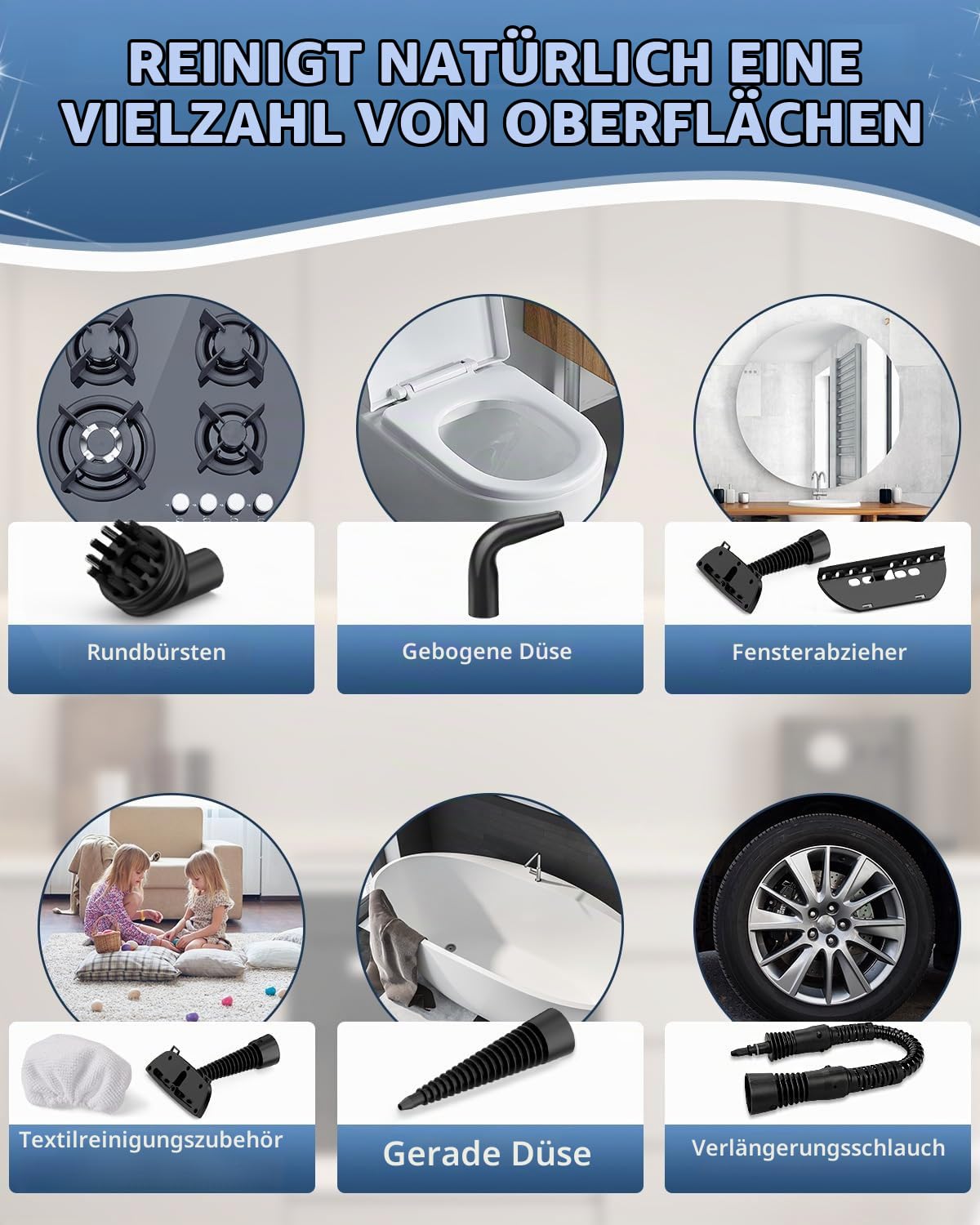 KLONA Dampfreiniger Handgerät, Steam Cleaner mit 10 Zubehör | für Teppiche, Fliesen, Sofas, Bad, Küche | Schmutz Bakterien Fett | 3 Min Schnellheizung | Dampfdruck: 3.2 bar | chemiefrei