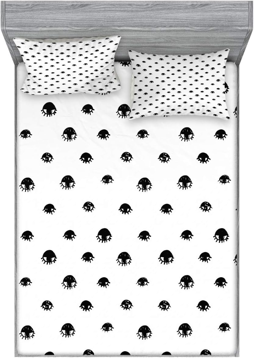 Ambesonne Eyelash Fitted Sheet & Pillow Sham Set, Repeating Hand Drawn Style Black Eye Bohemian Style Design, Decorative Printed 3 Piece Bedding Decor Set, Full, Black White