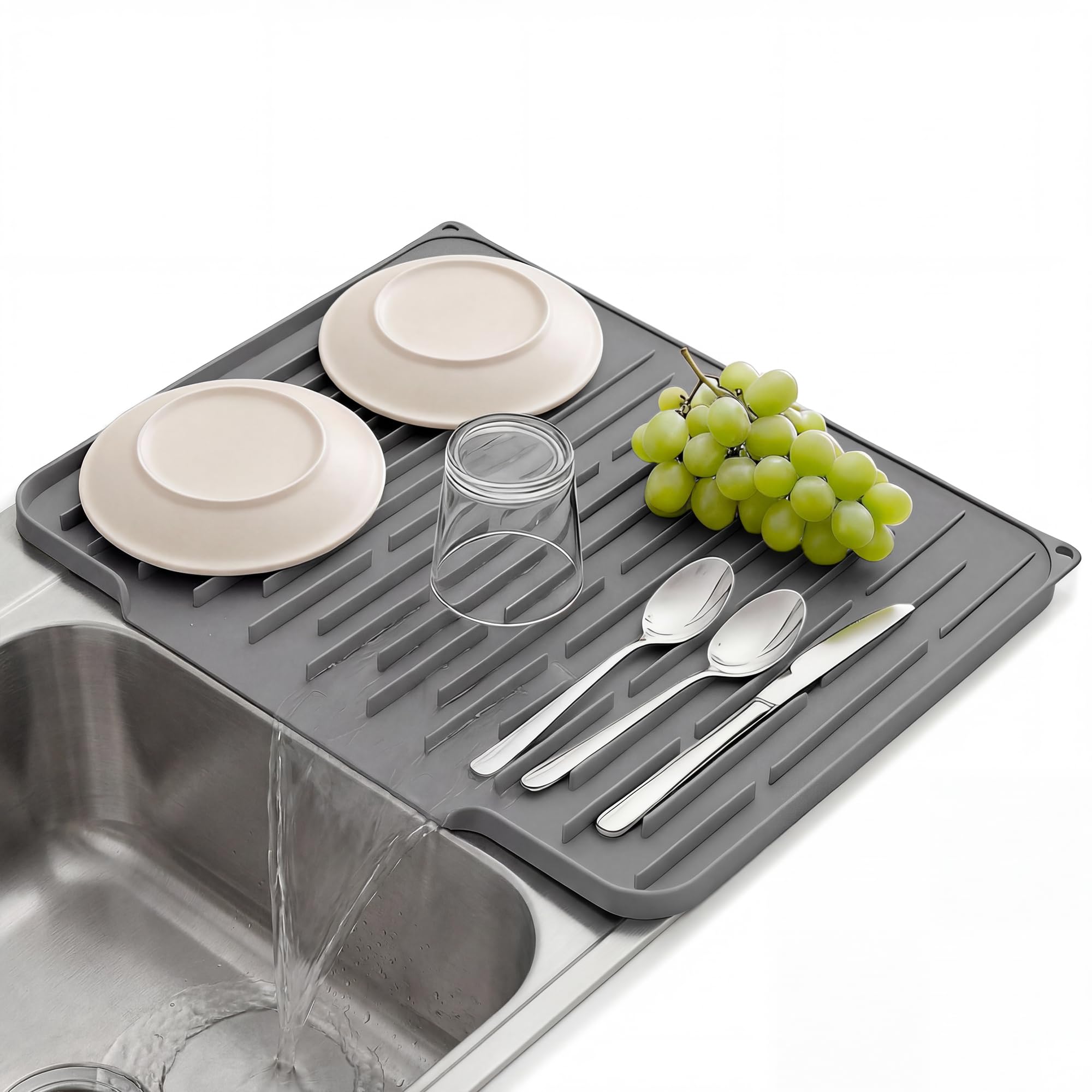 Silicone Dish Drying Mat for Kitchen Counter Foldable Heat Resistant Drying Pad with 5 Slope Wide Drain 15x12