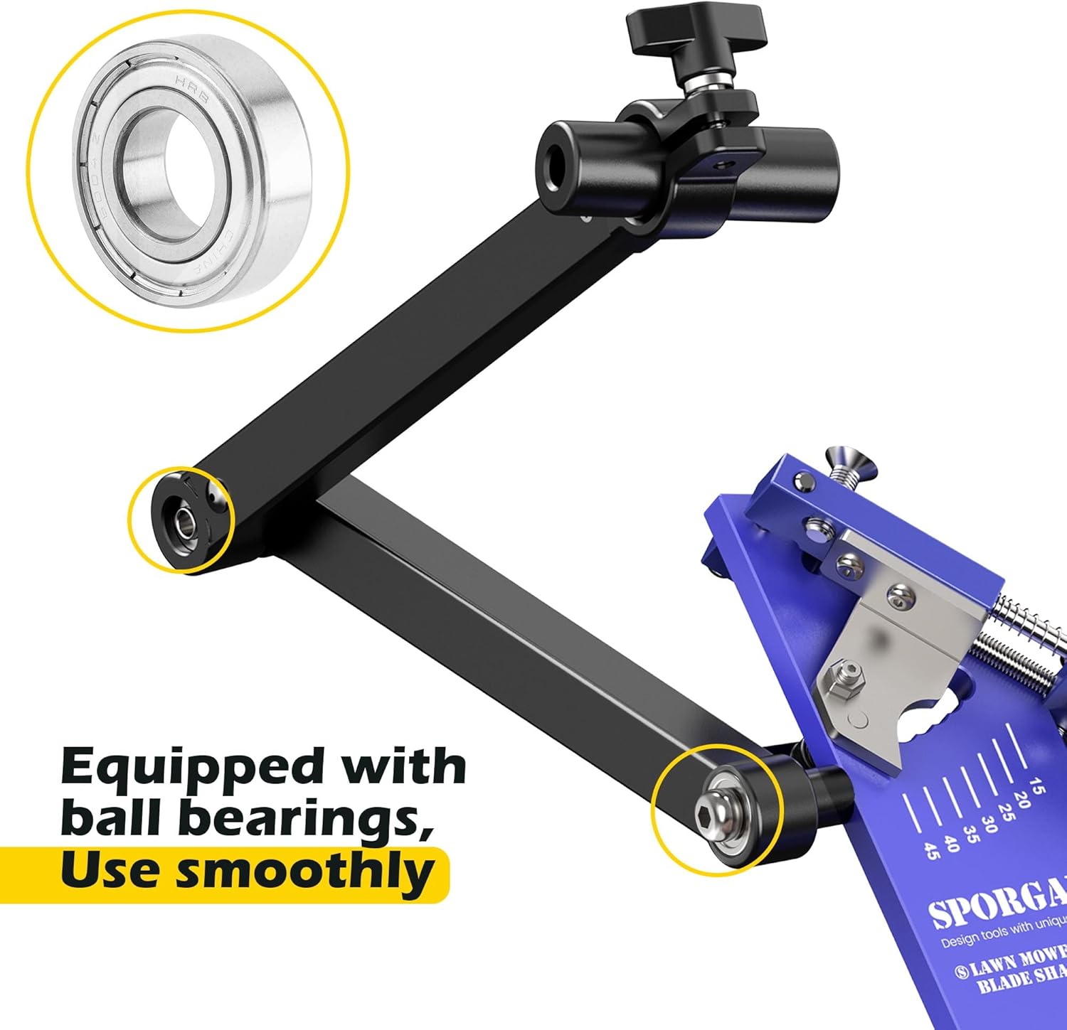 SporGain [Updated] Lawn Mower Blade Sharpener 15°-45° Adjustable Frame with Ball Bearing Manufacture Handle for Right & Left Hand Blades, Use with Angle Grinder, Blue