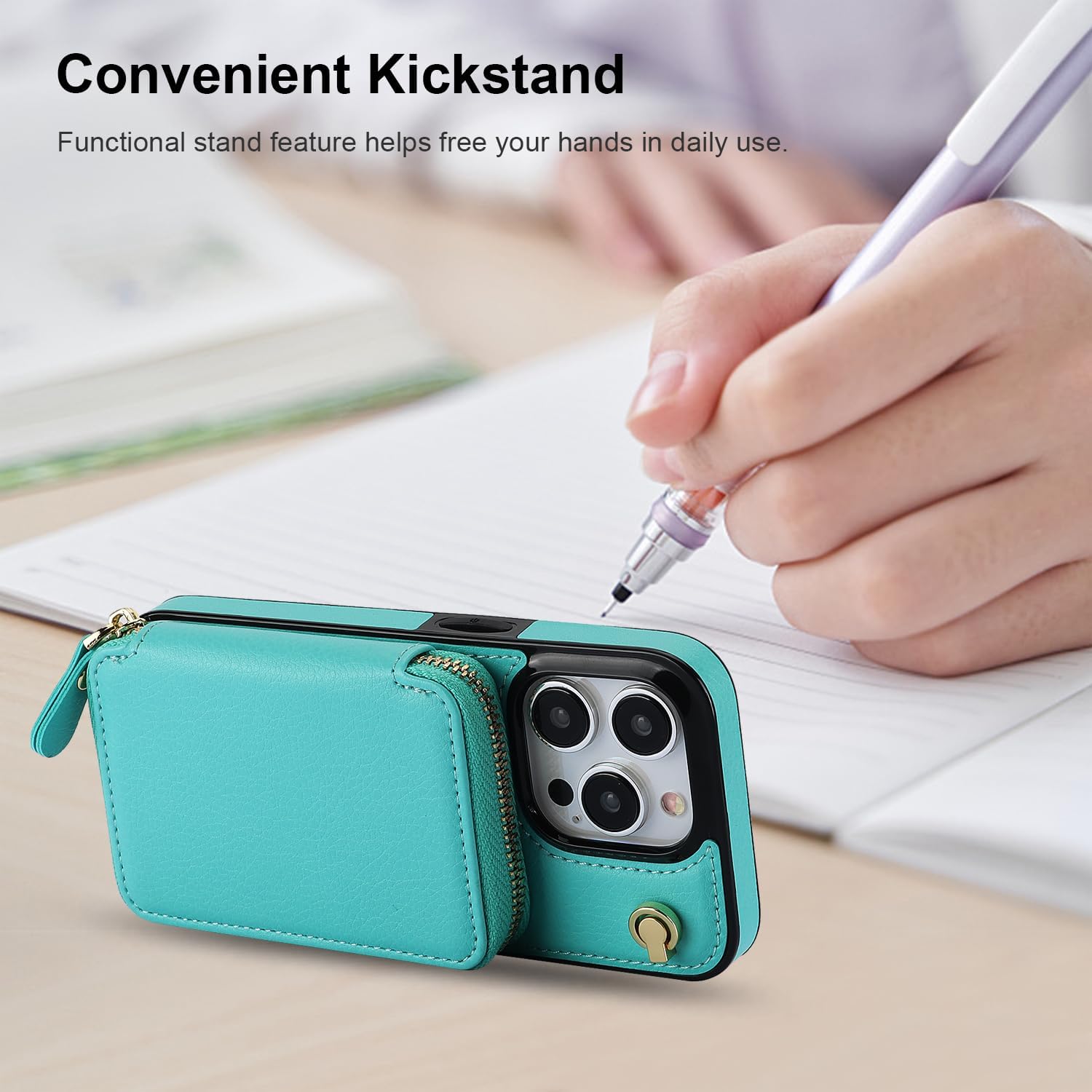 Bocasal Crossbody Wallet Case for iPhone 15 Pro, RFID Blocking Leather Purse Case with Card Holder, Protective Handbag Flip Cover with Zipper Wrist Strap Lanyard for Women 5G 6.1 Inch (Mint Green)