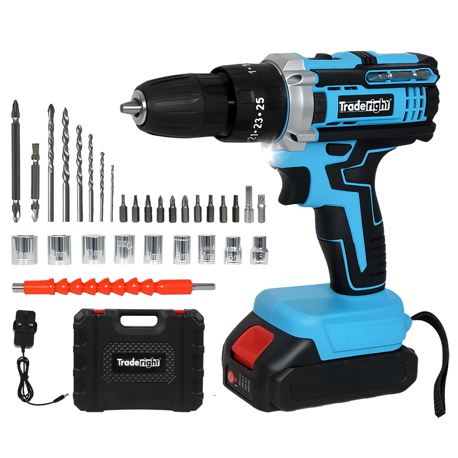 Traderight Cordless Drill Driver Kit 21V 2-Speed 42Nm Black