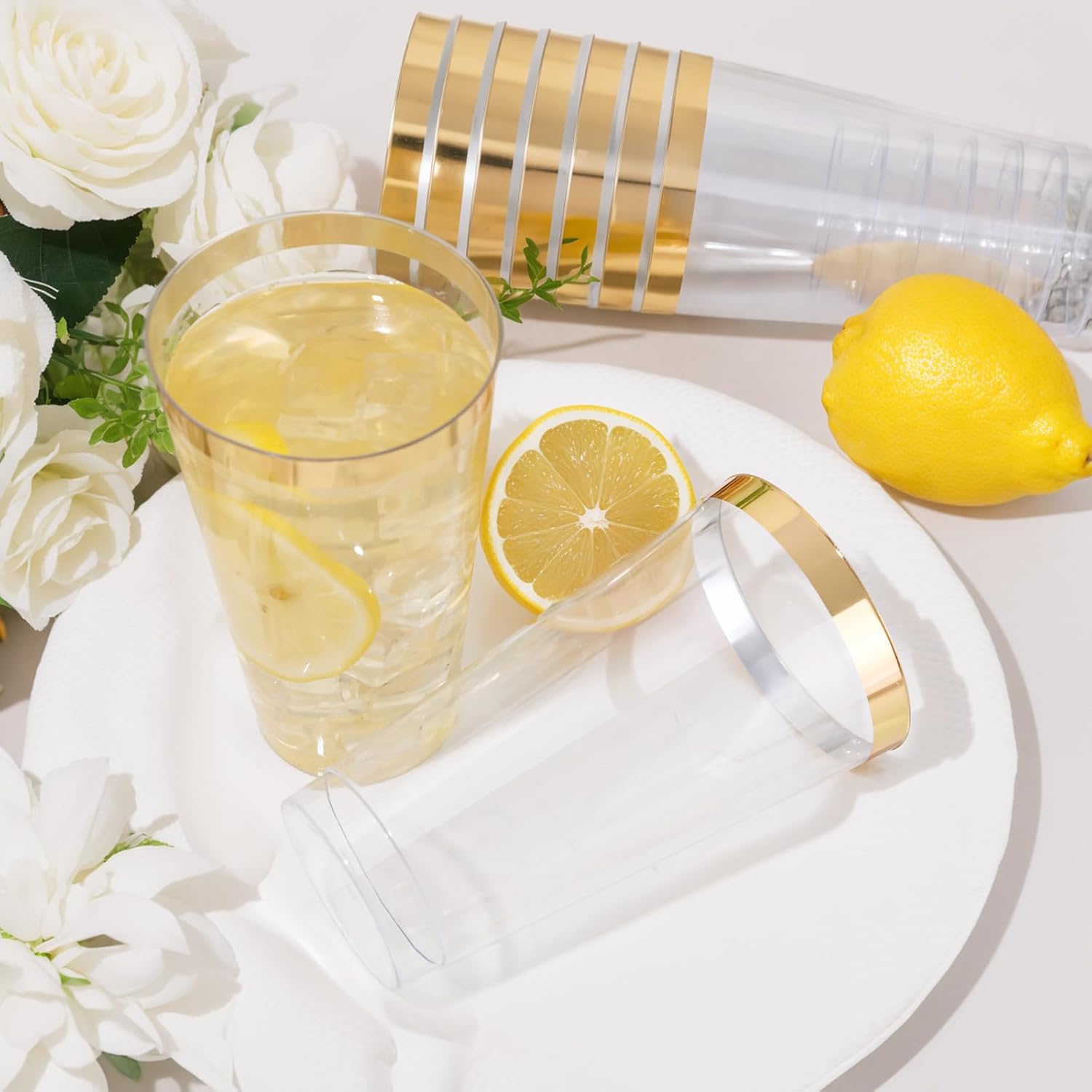 DaYammi 100 Pack Gold Plastic Cups 16 Oz Elegant Clear Plastic Cups Gold Rimmed Disposable Wine Glasses Fancy Disposable Party Cup Wedding Cup Drinking Tumblers Cocktail Glasses with Gold Rim - Image 6