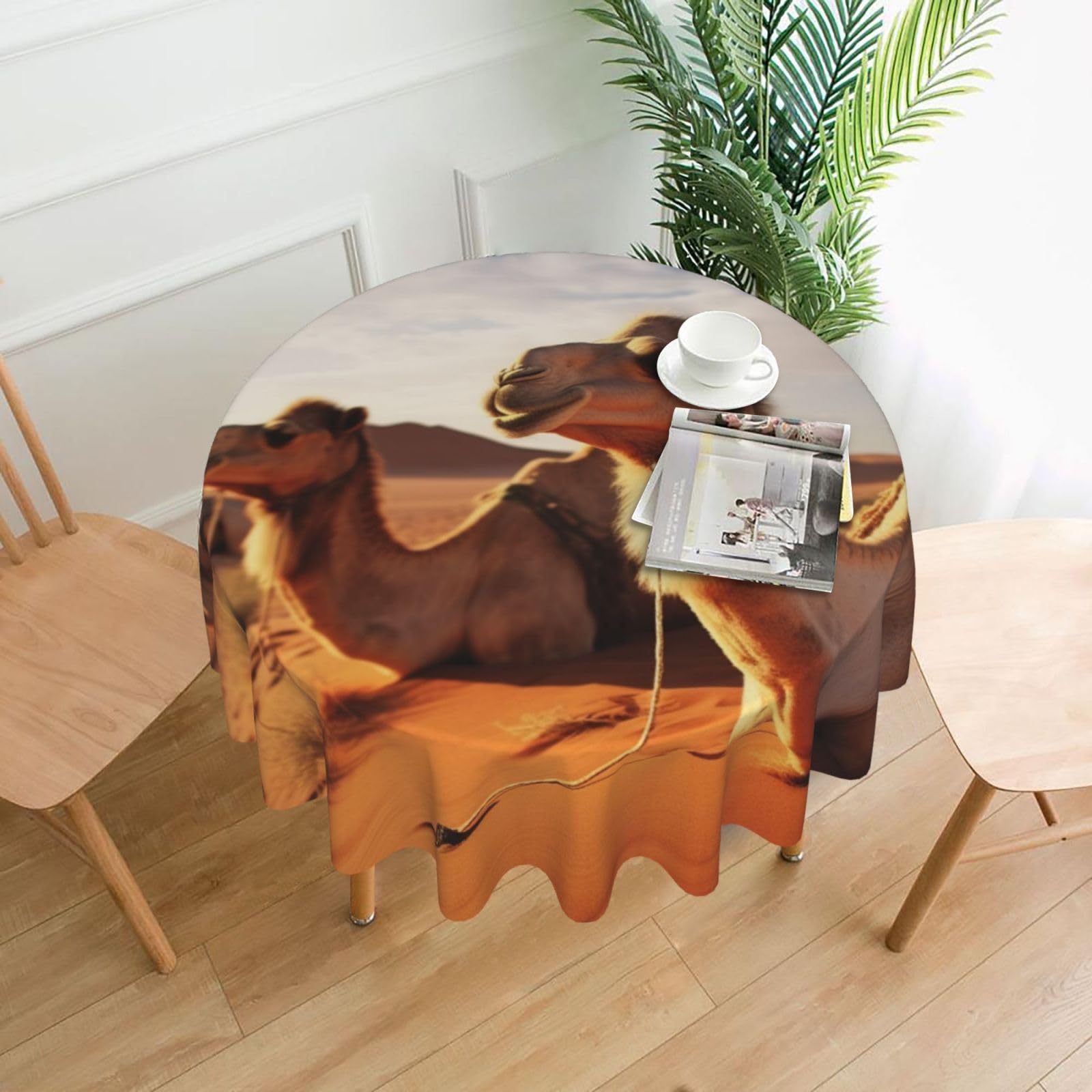 Fodpand Black Camels Rest Desert Tablecloths For Round Tables 60 Inches - Reusable And Washable Kitchen Table Clothes Decorative Table Cover For Dining Tables, Buffet Parties, Wrinkle Resistant