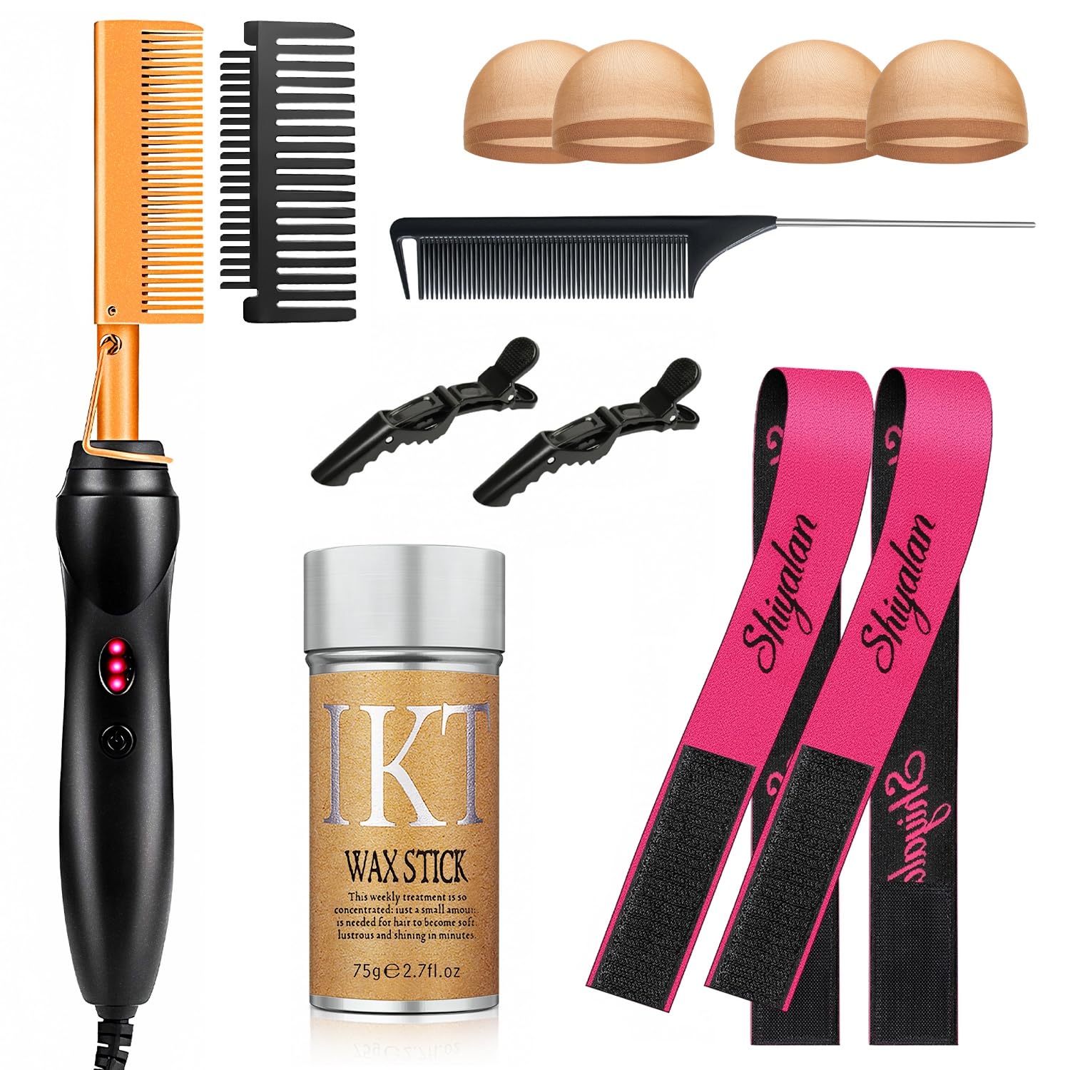 Hot Comb Set 11Pcs, Electric Hair Straightener Pressing Comb for Black Hair with Wig Wax Stick, Lace Band, Rat Tail Comb & Salon Clips