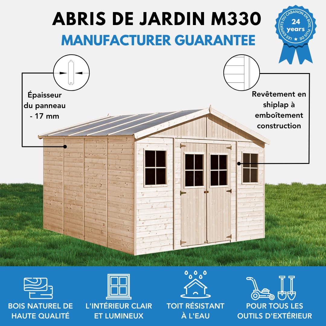 Abri de Jardin en Bois Naturel - Stockage extérieur avec fenêtres- H246 x 418 x 420 cm/ 16 m²- Hangar en Bois Naturel - Atelier Rangement Outils et vélos- TIMBELA M330