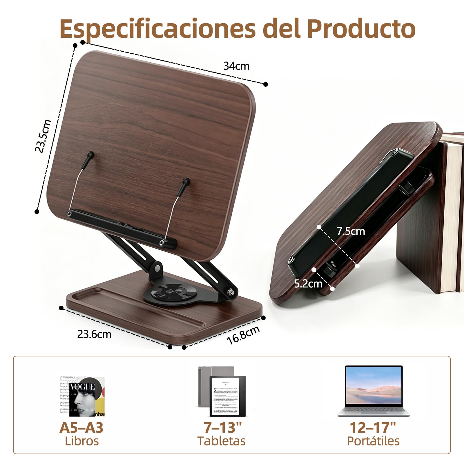 Atril para libros plegable y giratorio 360° – Soporte ergonómico de madera para lectura, libros de cocina y tabletas – Lectura manos libres, ajustable y ergonómico para cocina y oficina en casa