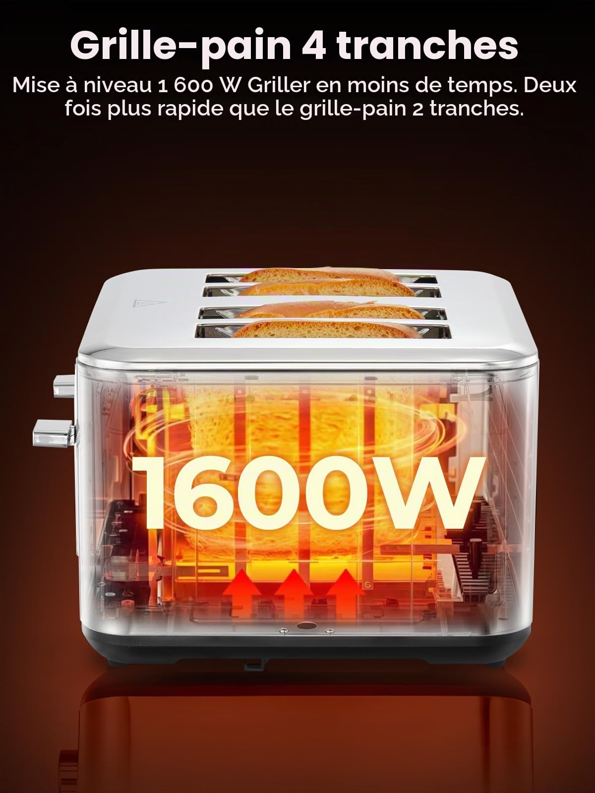 FOHERE Grille-pain 4 Tranches, Écran Tactile LED, 6 Niveaux Dorage