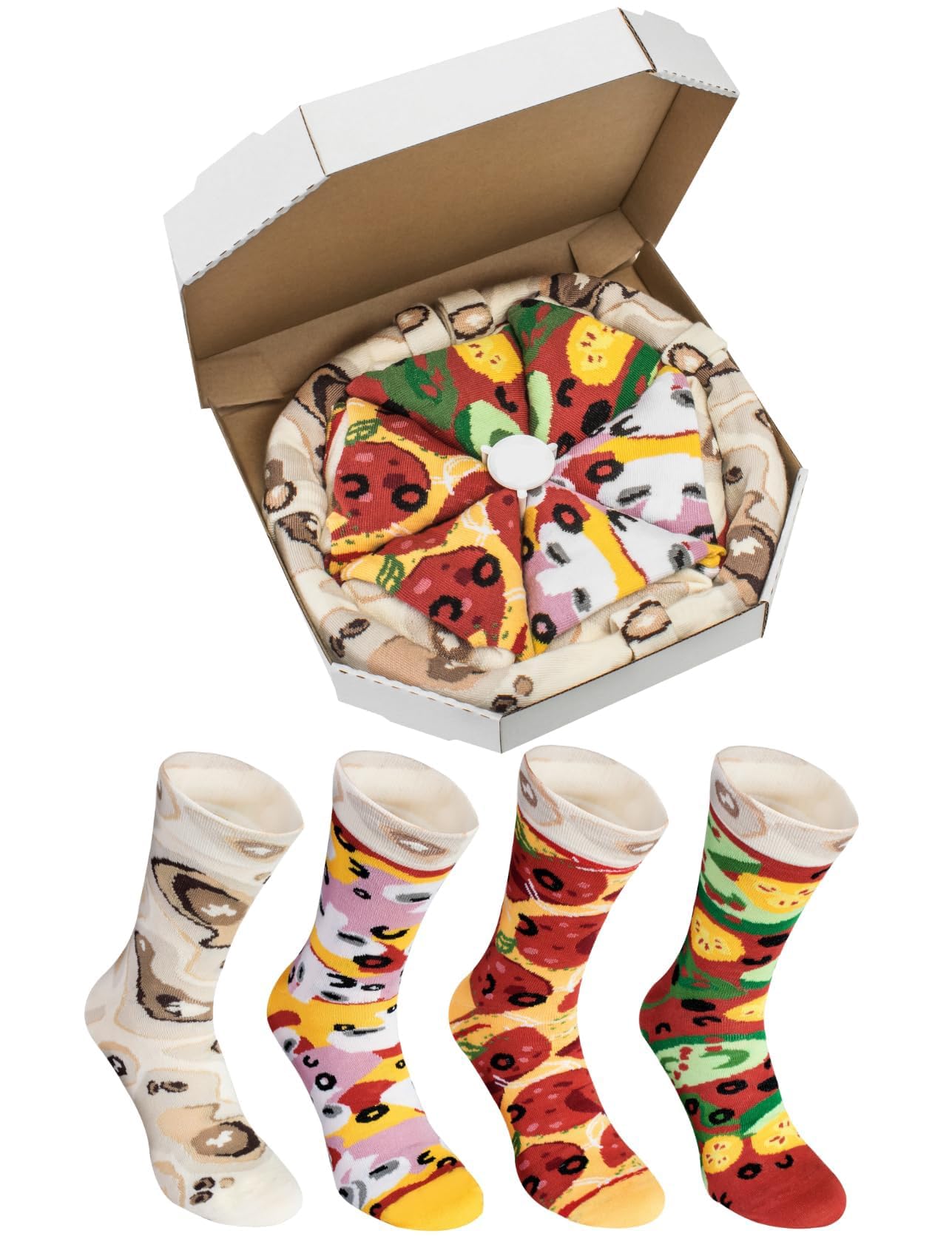 Pizza Socks Box -MIX Wegetarian Pizza 4 pairs of Funny and Novelty Socks, Ideal for GIFT! Original and Unique, Funny Gadget, Cotton Rich Material