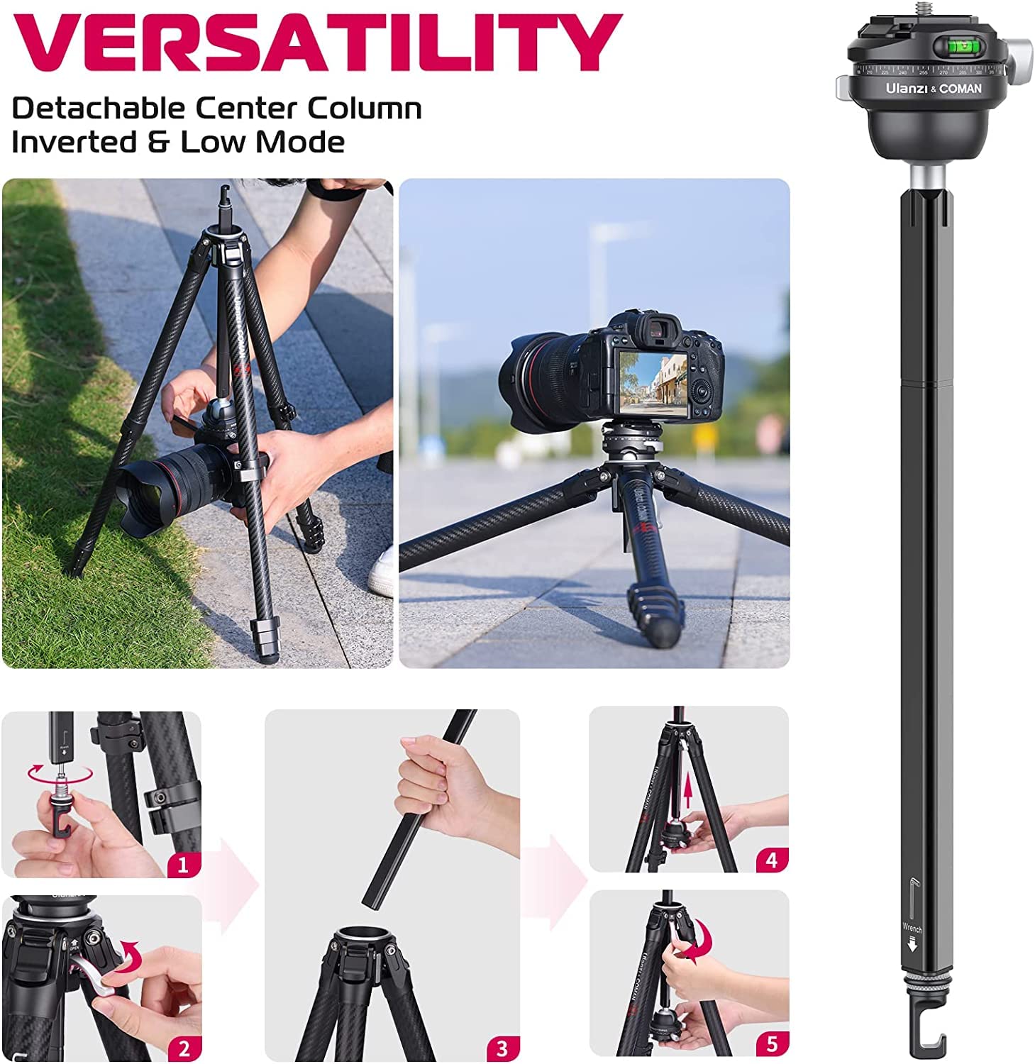 Ulanzi & COMAN Zero F38 Statyw podróżny z włókna węglowego Quick Release | Głowica obrotowa | Długość przechowywania 42 cm | Wysokość 15,3-159 cm | Ładowność 18 kg | + kolumna środkowa