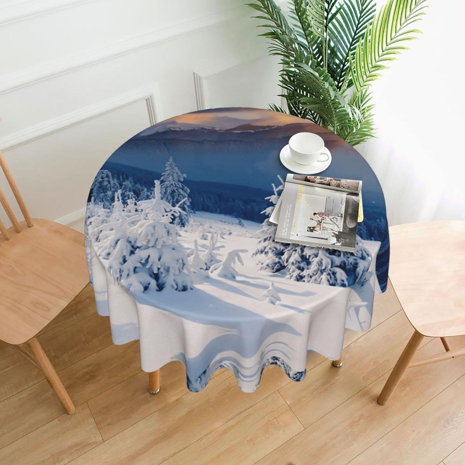 Uusnwaa Sunset Winter Mountains Print Round Tablecloth 60 Inch, Stain Wrinkle Resistant Washable Polyester Table Cover For Kitchen Party