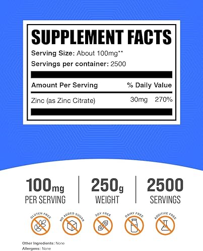 Miniatura 2 de BulkSupplements com Polvo de citrato de zinc - Suplementos de zinc - Zinc puro - Zinc elemental - Suplementos minerales de zinc - Suplemento de zinc