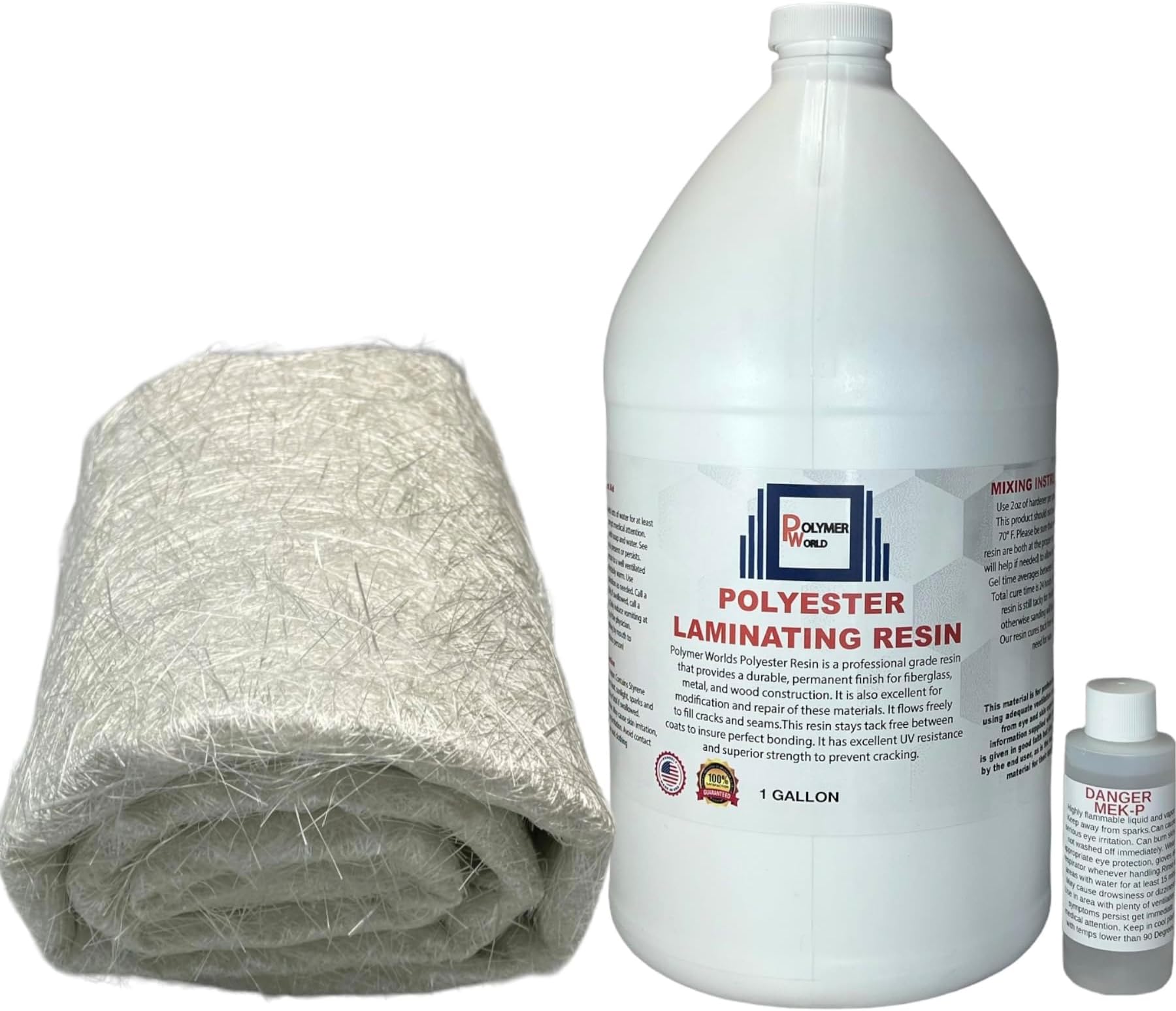 Polymer World- Polyester Resin with .75x50x5 Yard Chopped Strand Mat, Fiberglass Kit for Boats, Cars, Surfboard, RV, Canoes, Jetski, Watercraft, with MEKP