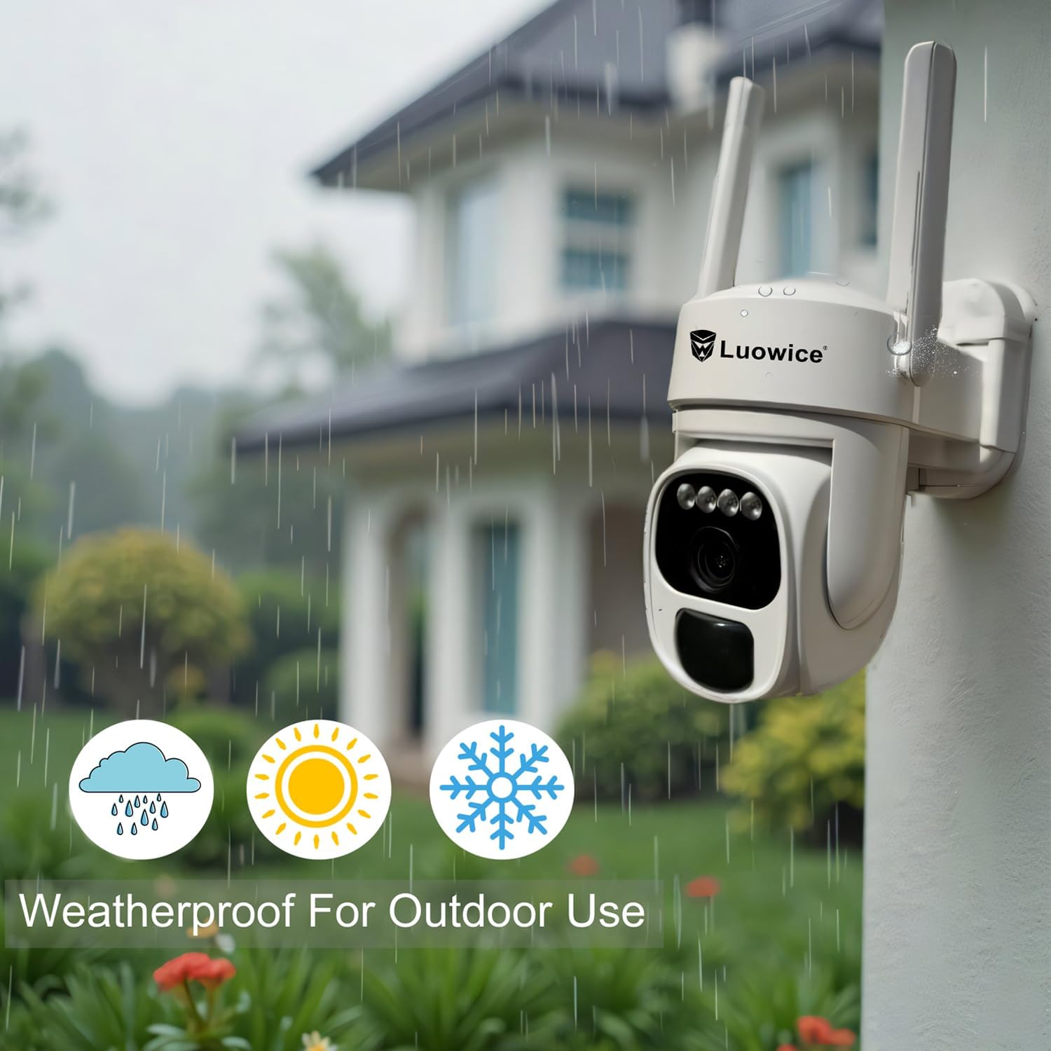 Luowice camera shown in various weather conditions: rain, sun, snow