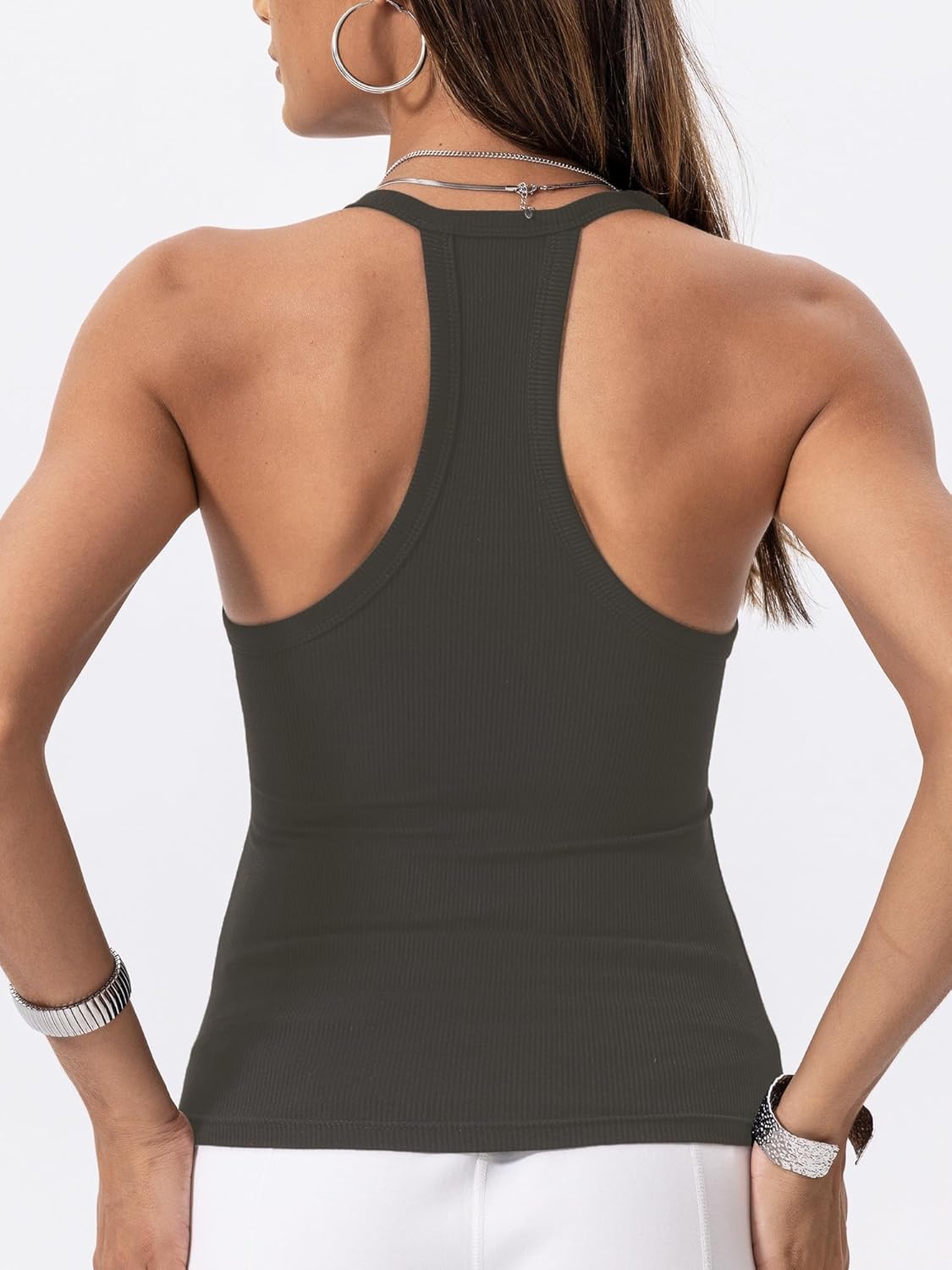 Danysu V Neck Racer Back Tank Top for Women Padded Ribbed Long Tank Fitted Basic Cami Tops - Image 2