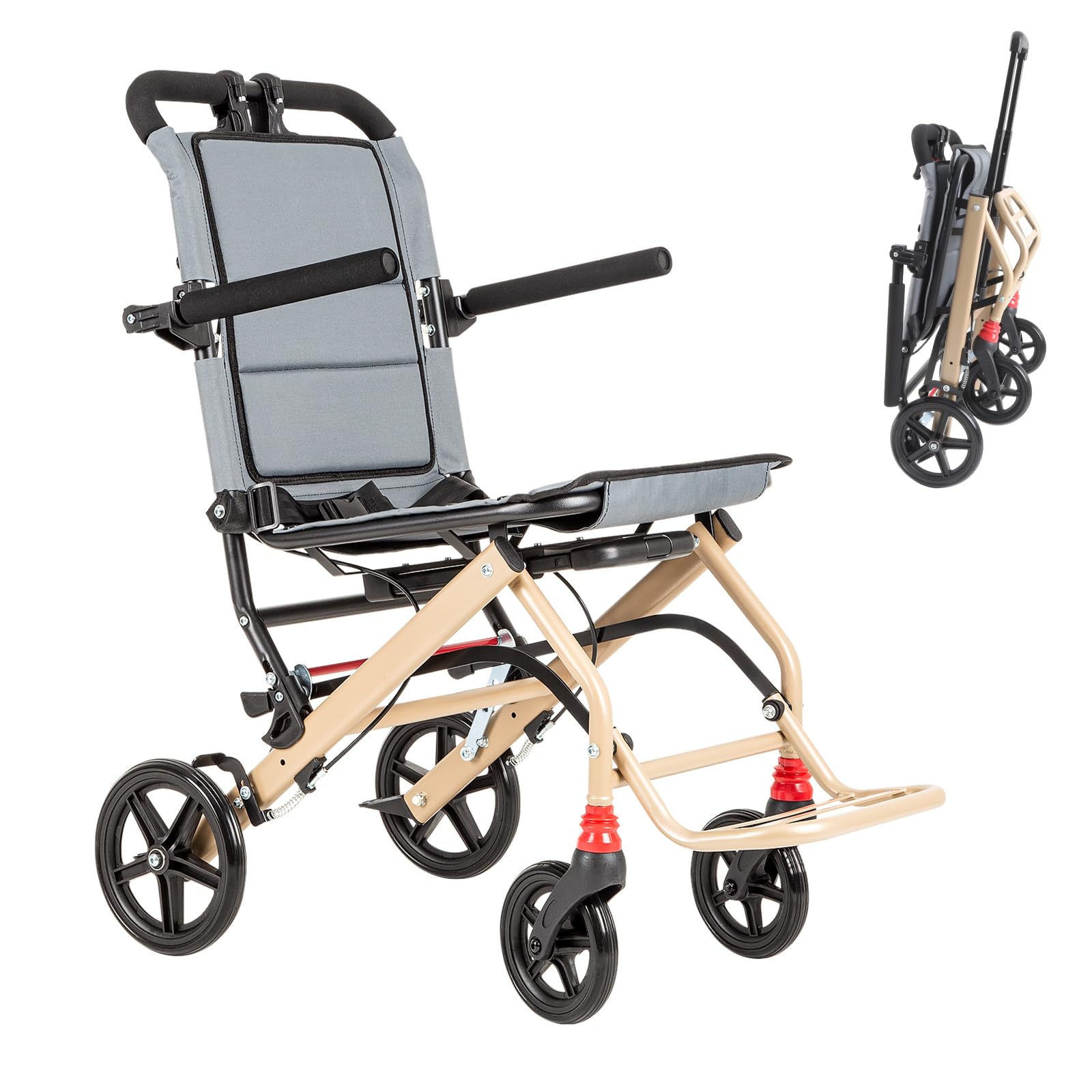 Care Parents Sedia a rotelle da viaggio, pieghevole e leggera (8,7 kg), larghezza seduta 41 cm, con maniglione estensibile, in alluminio, compatta per aereo, treno e auto, portata massima 100 kg