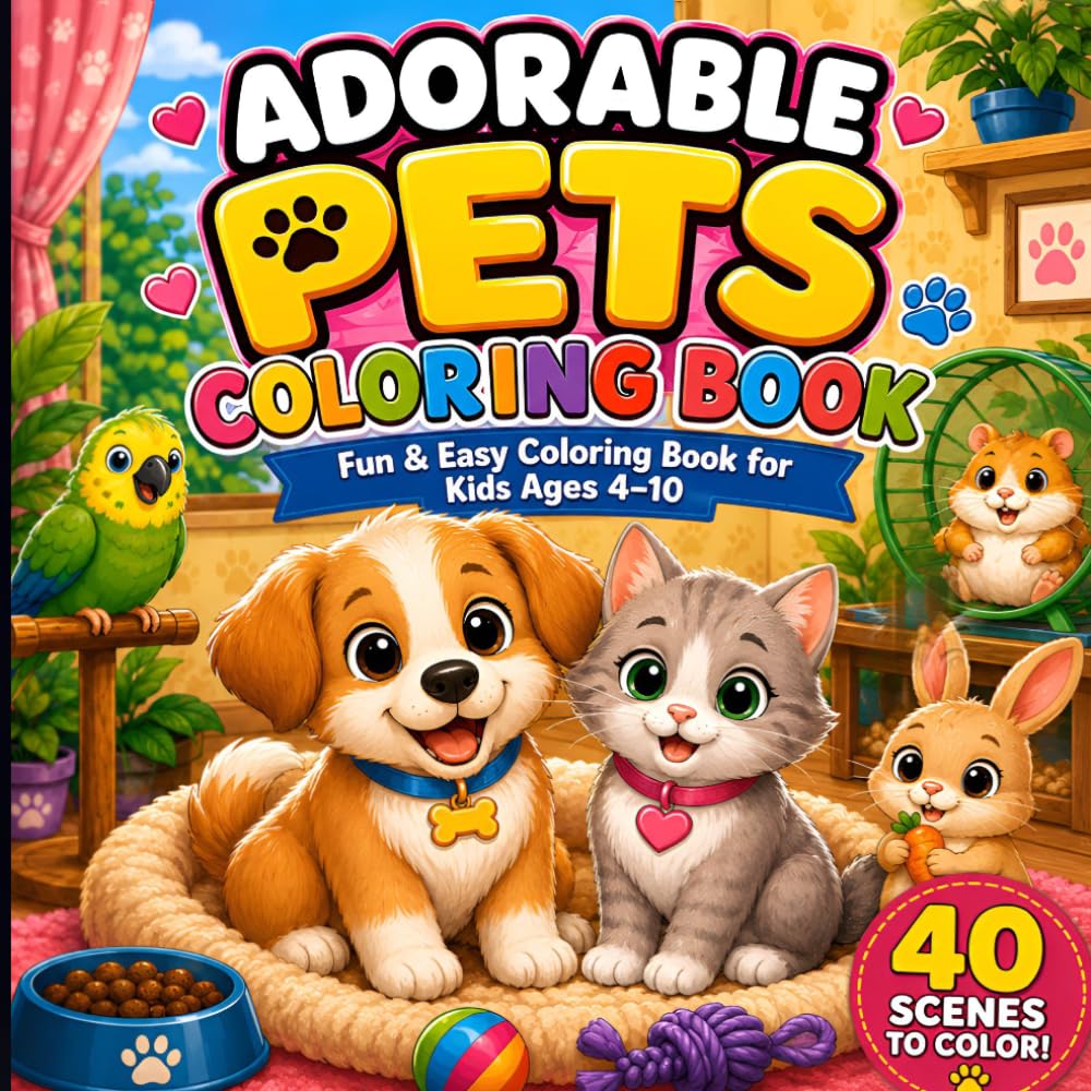 Adorable Pets Coloring Book: Fun & Easy Coloring Book for Kids Ages 4–10 (Adorable Animals Series)