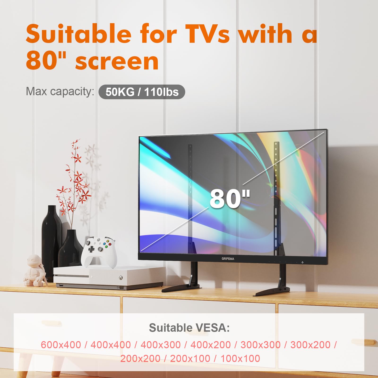 GRIFEMA Piedistallo TV Universale per TV LCD/LED/OLED/Plasma 22"-80", Altezza Regolabile, Supporta Fino a 50kg, Compatibile con VESA Max 800x400mm - Nero