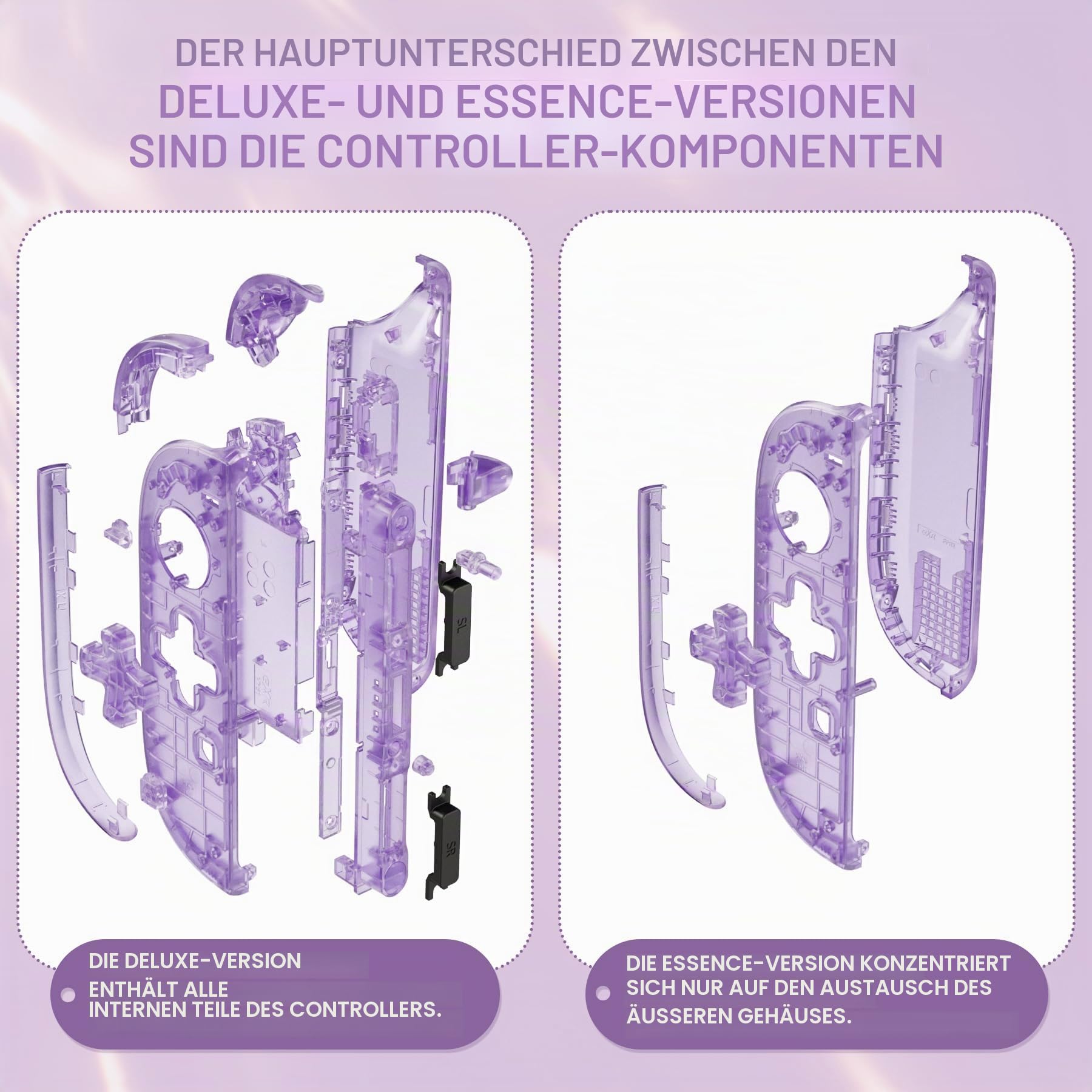 eXtremeRate Ersatz D-Pad Ver. Gehäuse Set für Switch 2 Joycon, Essence Version Custom Grips Shell/Deko Streifen/ABXY/Dpad Buttons Zubehör für Nintendo Switch 2 Joy Con-Transparent Lila