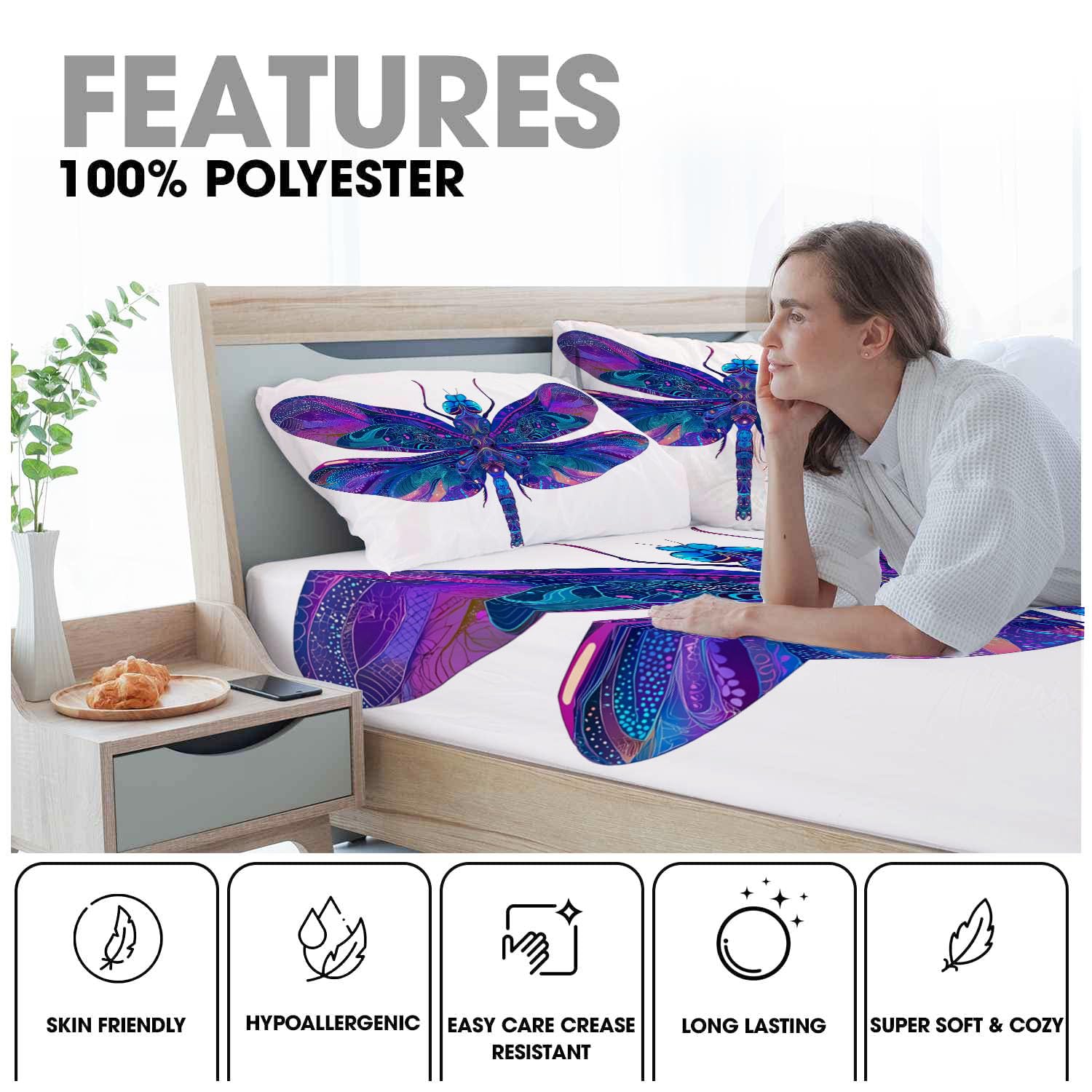 Sábanas 200X190/200Cm - Juego De Sábanas 3 Piezas Estampadas Libélula Mandrágora - Microfibra Suave Transpirable - Sábana Bajera Ajustable - Ropa De Cama Animales Psicodélicos (Azul Real)