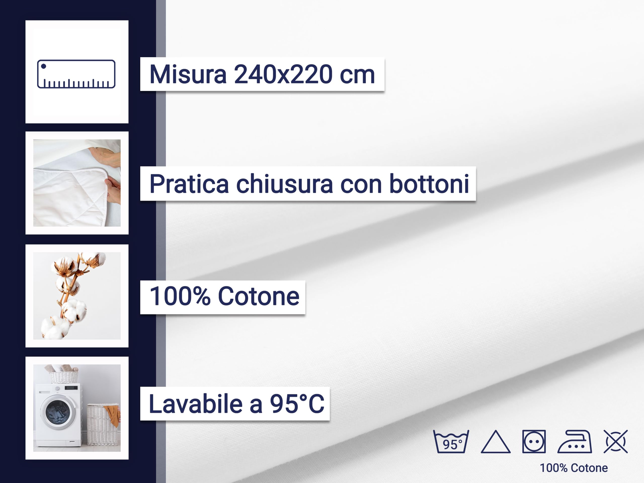 ZOLLNER Copripiumino in 240x220 cm - bianco - pratica chiusura con bottoni - Cotone - lavabile a 95°C - Qualità alberghiera