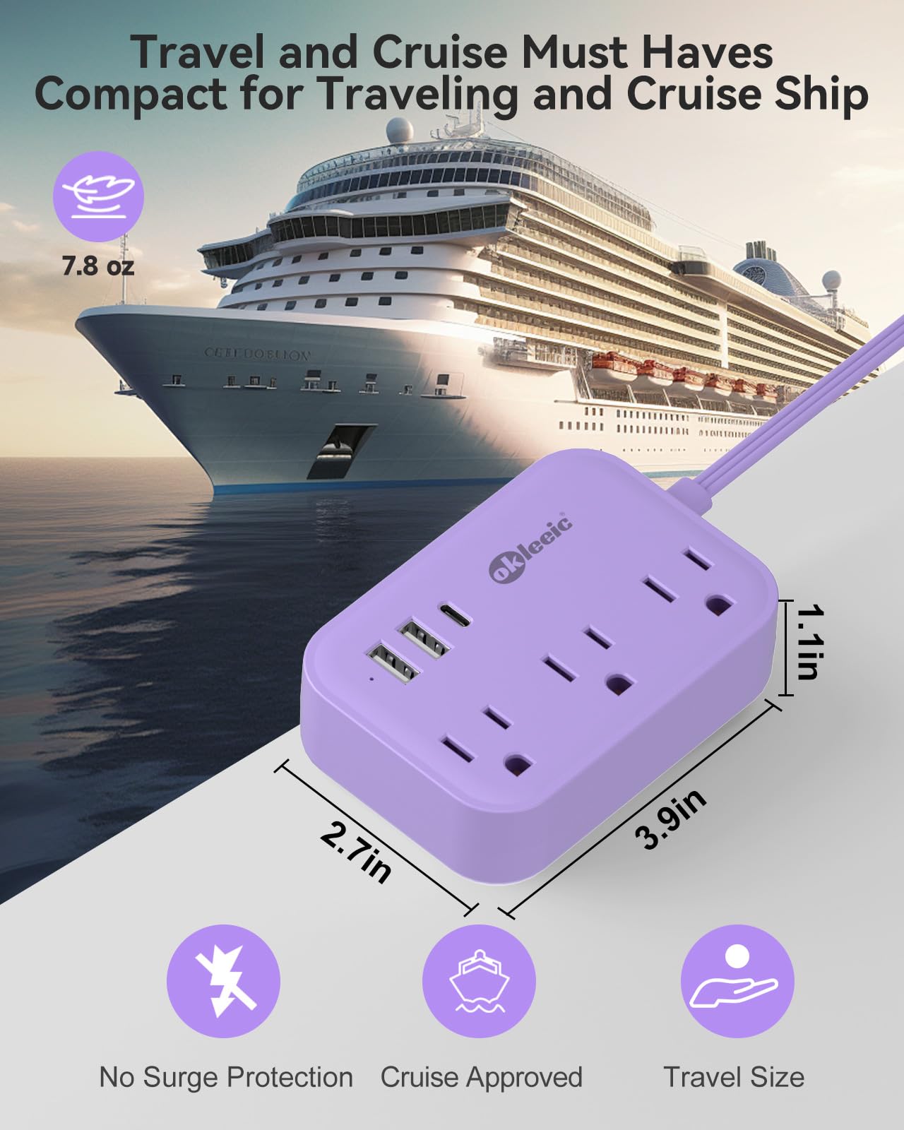 Cruise Essentials - Cavo di prolunga viola da 1,5 m, con 3 uscite AC e 3 USB, presa piatta da viaggio con stazione di ricarica USB, compatto per accessori per computer