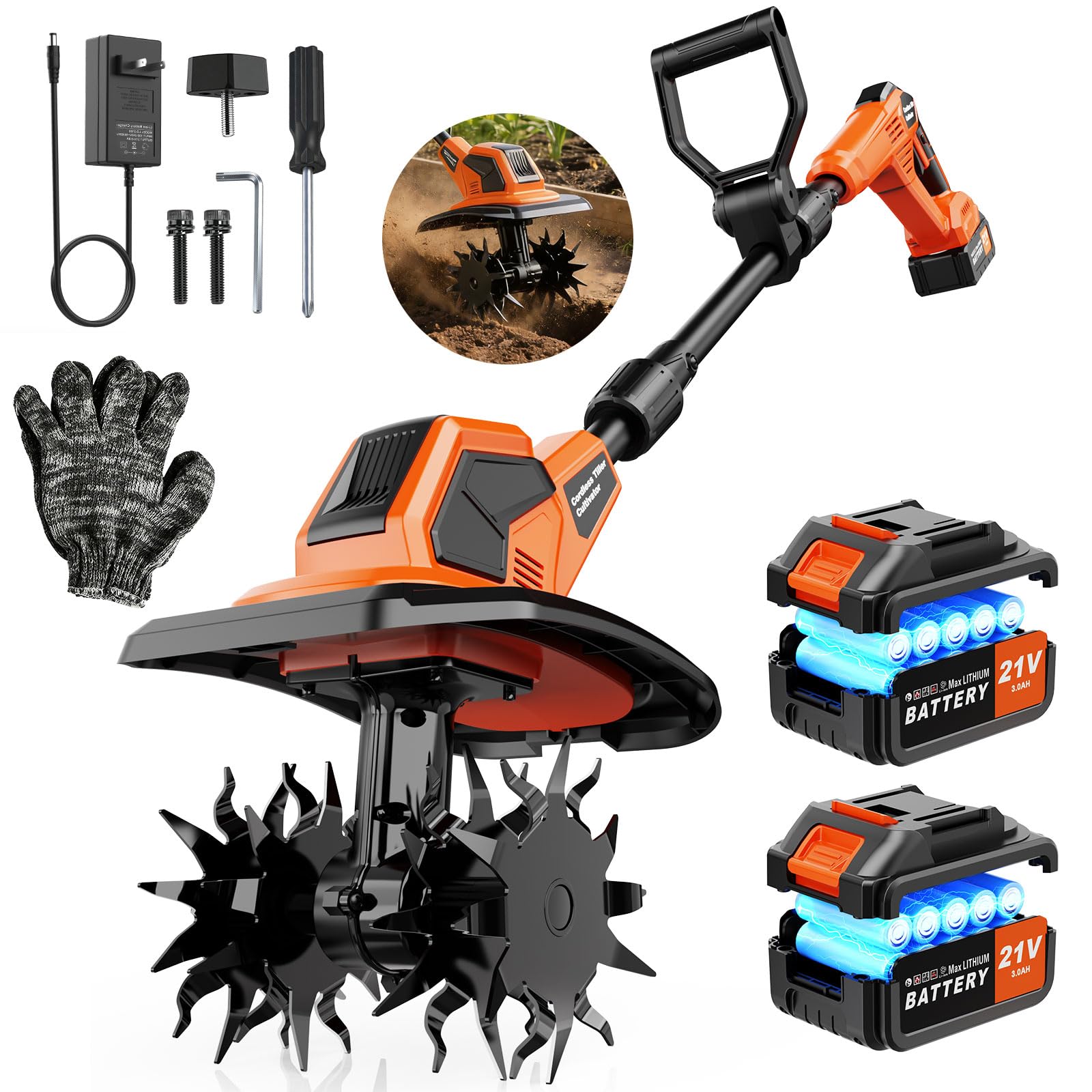 Motobineuse Electrique 21V, 600W Motoculteur électrique sans Balais avec 2 x 3,0 Ah Batteries, 400 TR/Min, Largeur Travail 23 cm, Profondeur 17 cm, Poignée Réglable, pour Pelouse Jardin Travaux