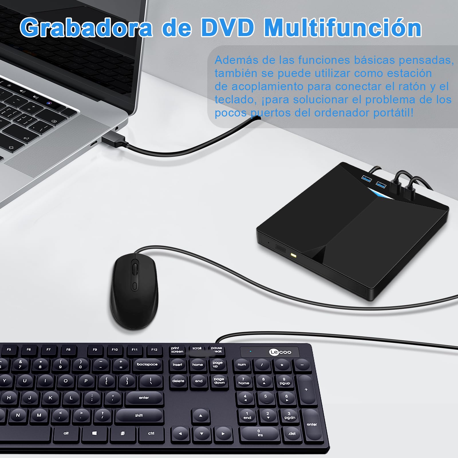 Lector CD Externo para PC, Superdelgado Grabadora DVD Externa Unidades USB 3.0 y USB-C Portátil -RW/ROM Estable para Laptop, Desktop, Windows XP/7/8/10/11/Vista/Linux/MacOS