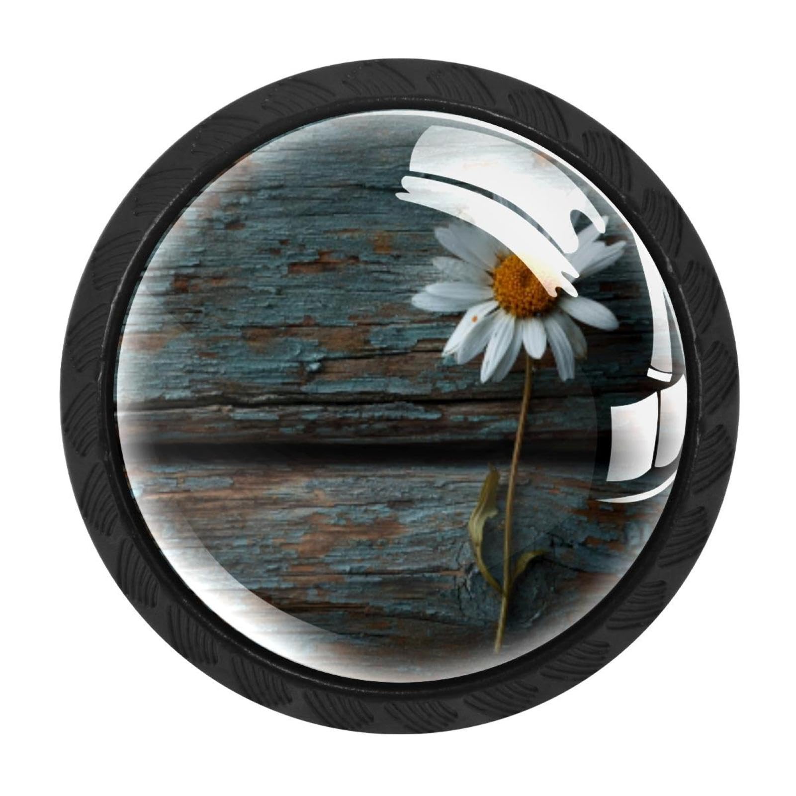 CHENZZZZ 4 Pieces Daisy on Old Wooden (2) Drawer Knobs, 35mm Black Cabinet Knobs, Drawer Pulls and Knobs, Dresser Drawer Knobs, Cabinet Hardware Kitchen Cabinet Knobs