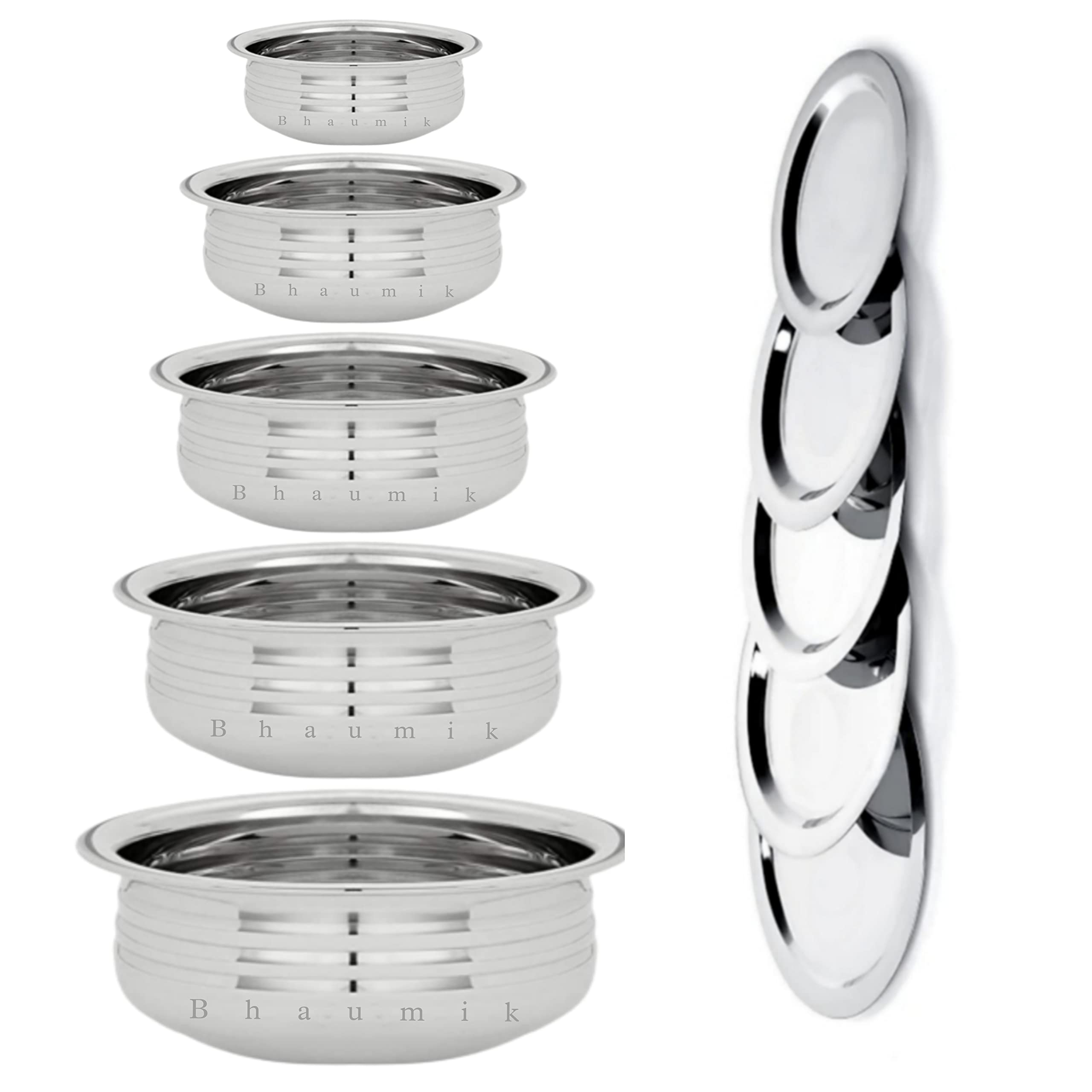 Bhaumik Stainless Steel Urli/Ring design Handi set with lid very usefully for your daily kitchen needs of cooking & serving to make & serve delicious food 5 pieces cookware set Capacity - 500ml, 750ml, 1000ml, 1500ml, and 2000ml