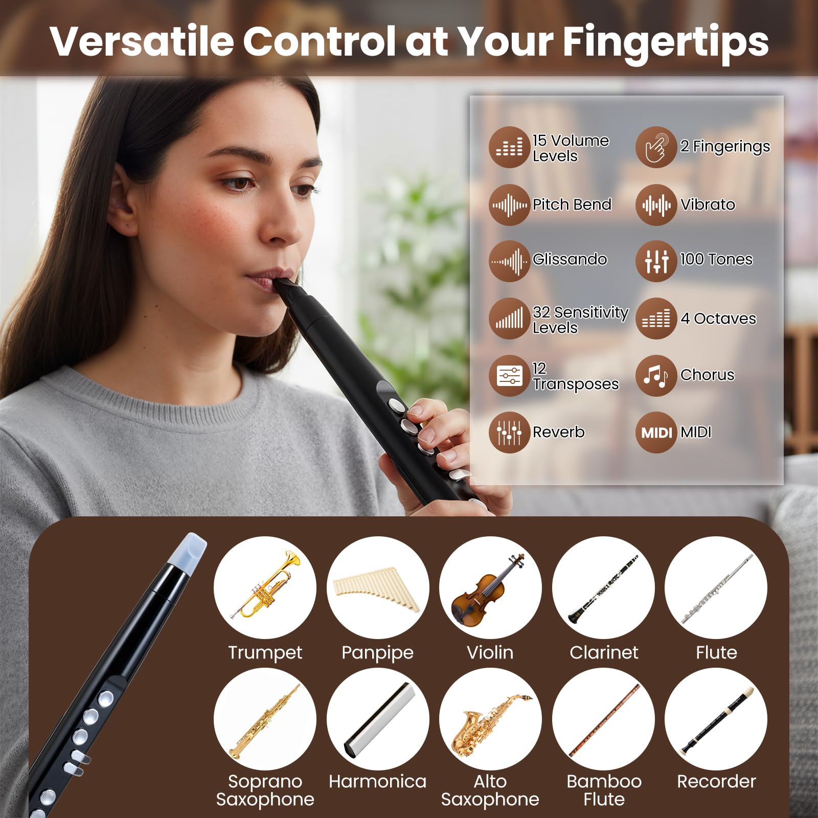 KOMFOTEU Strumento a Fiato Digitale Connettività MIDI, con 100 Suoni, Gamma di 4 Ottave e 2 Diteggiature, Sassofono Elettronico Portatile con Borsa da Trasporto, per Principianti, Bambini e Adulti
