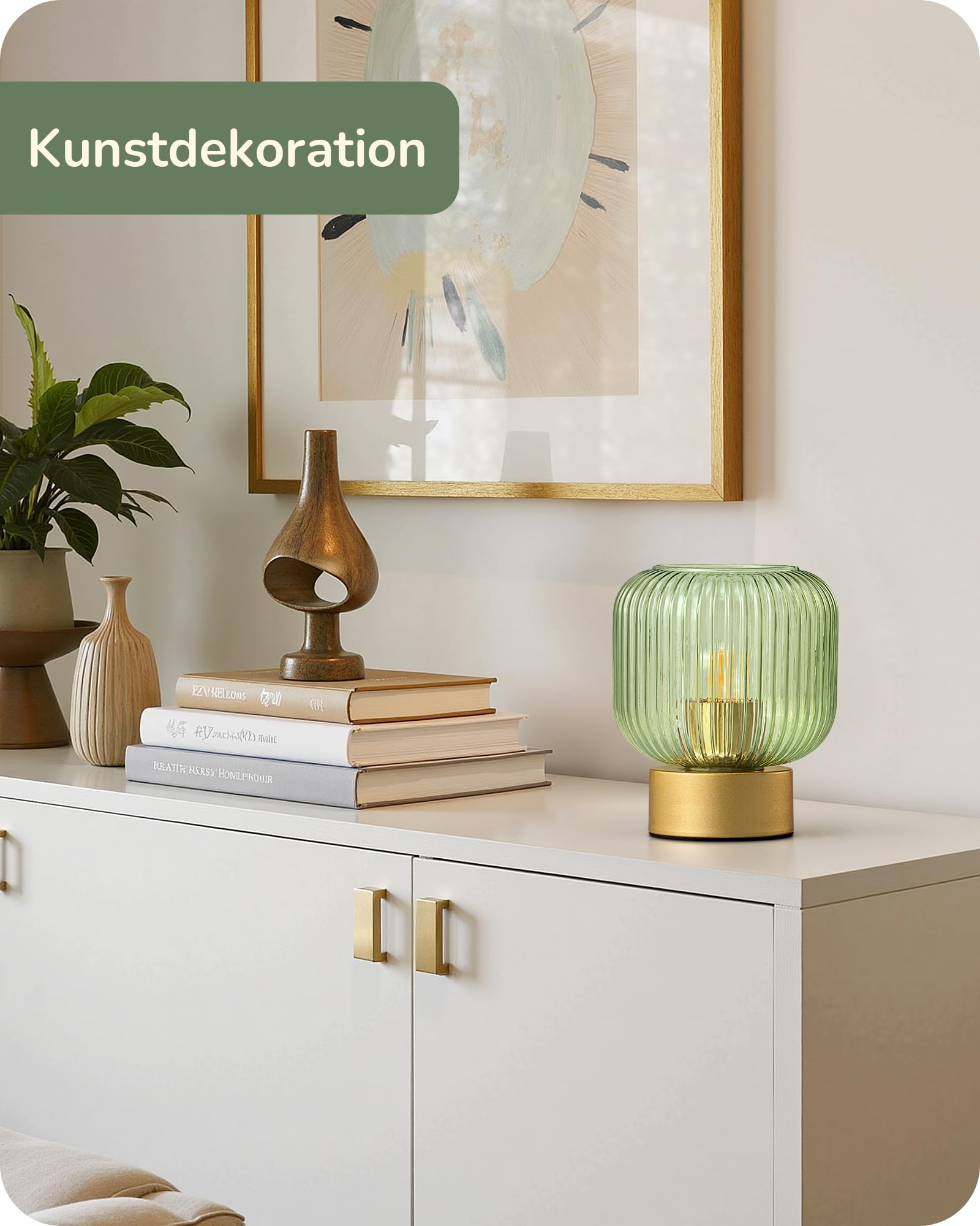 EDISHINE LED Tischlampe, Grüner Glasschirm & Goldfarbener Metallsockel, inkl. E27 LED-Lampe, 2700K Warmweiß, Moderne Nachttischlampe für Wohnzimmer, Schlafzimmer & Als Geschenk